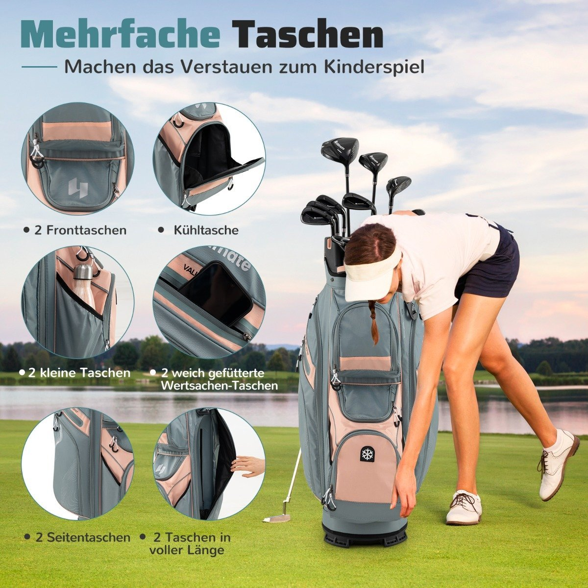 Una mujer en un campo de golf se inclina hacia una bolsa de golf llena de palos. La bolsa es gris y rosa, con múltiples bolsillos. El fondo muestra un lago.