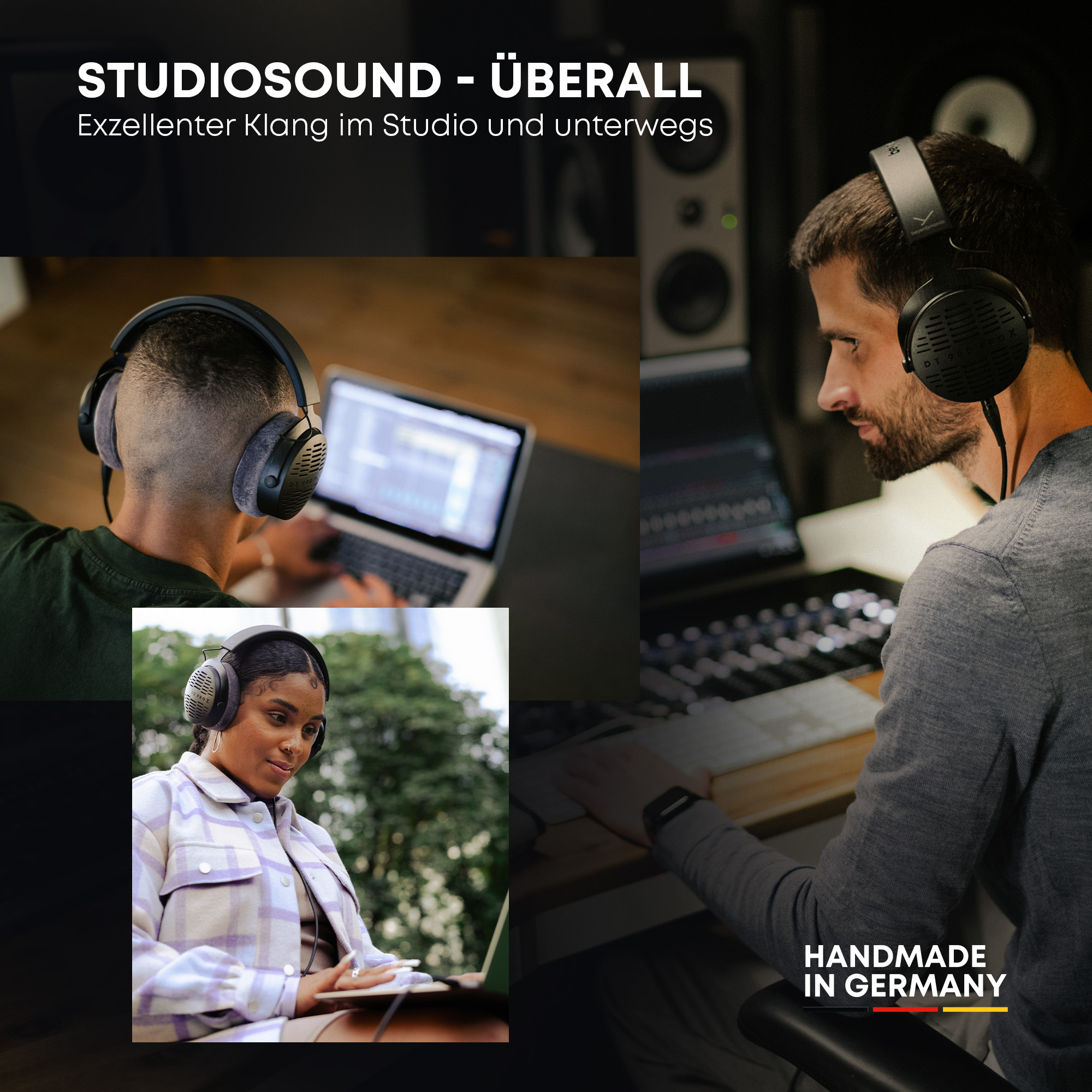 Trzy osoby w słuchawkach. Jedna przy biurku z laptopem, druga w studio, a trzecia na zewnątrz z notatnikiem.