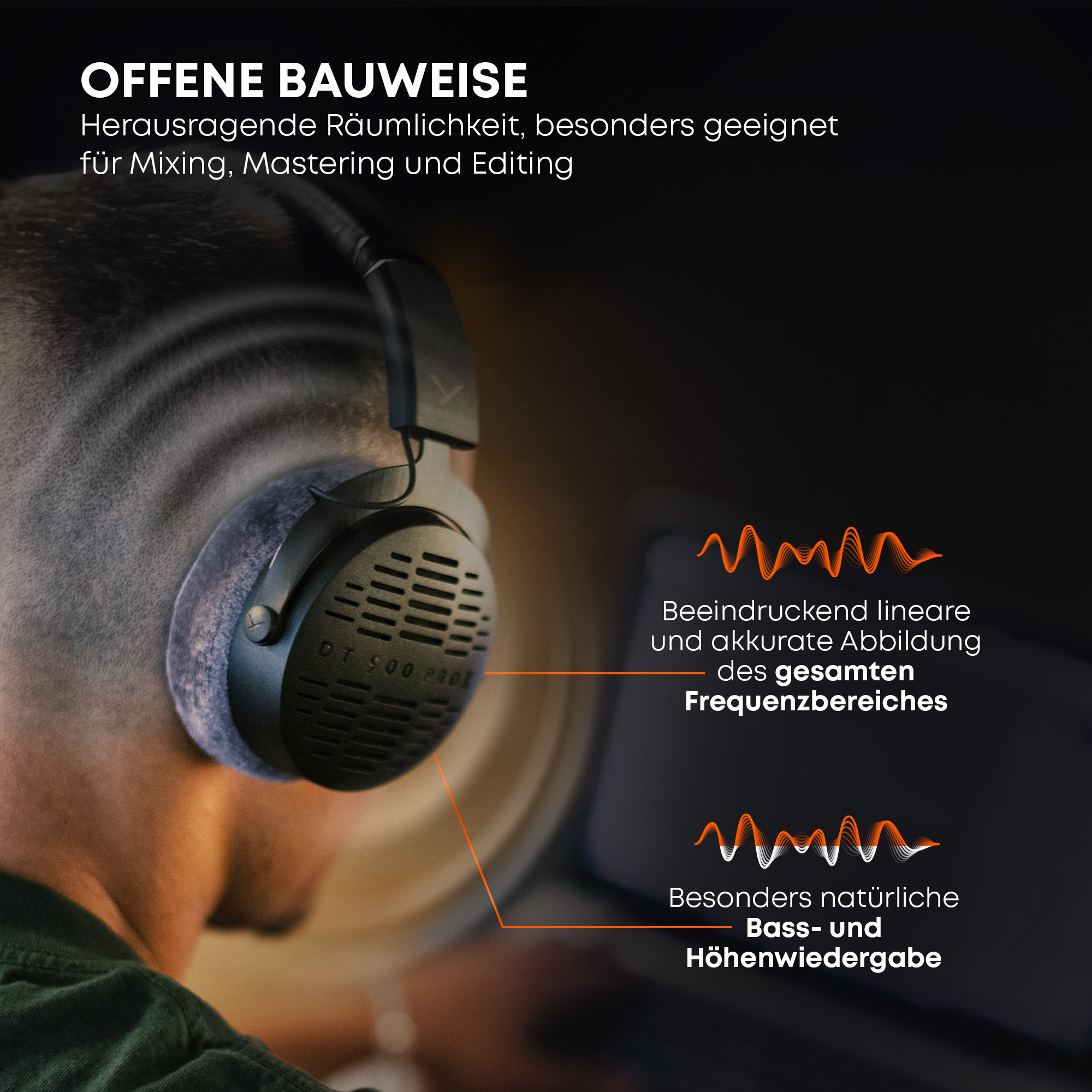 Mężczyzna w słuchawkach. Tekst zawiera 'otwarty design' i 'miksowanie'. Widoczne pomarańczowe grafiki fal dźwiękowych.