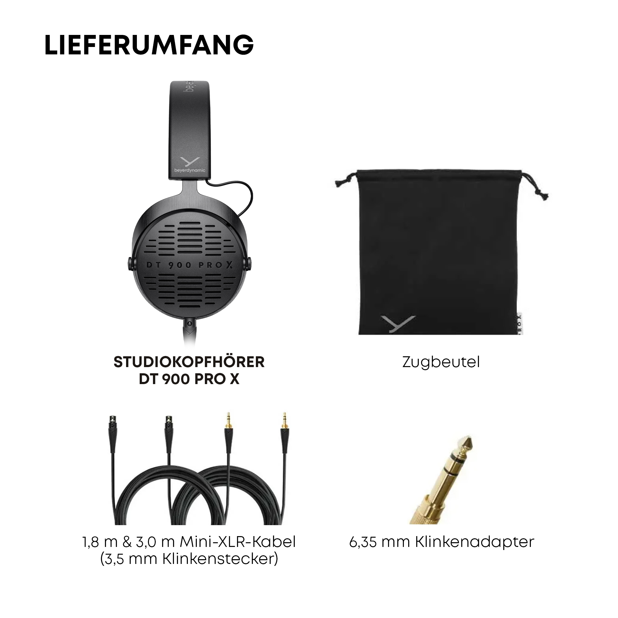 Das Bild zeigt Kopfhörer, Kabel und einen Adapter mit einer Tasche. Die Kopfhörer sind schwarz und silber, die Kabel sind schwarz.