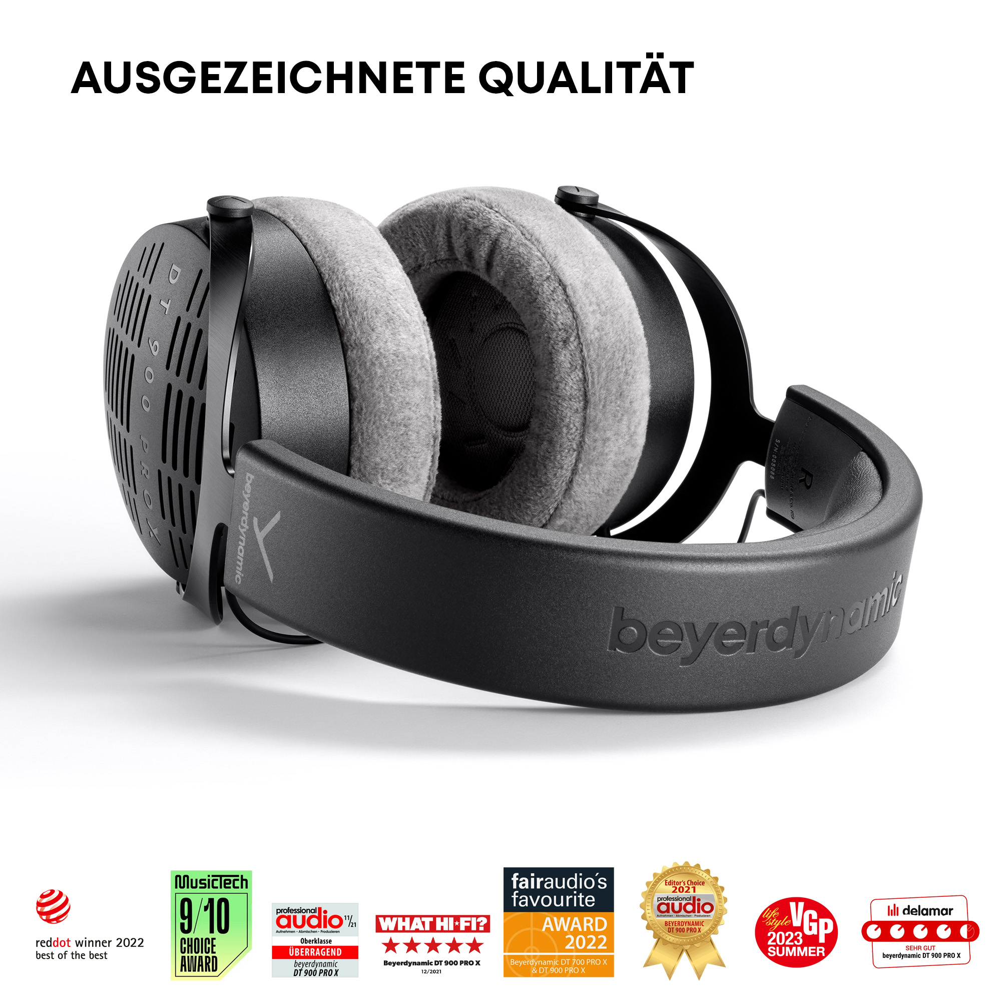 Czarne słuchawki Beyerdynamic z szarymi nausznikami. Nagrody i tekst poniżej słuchawek.