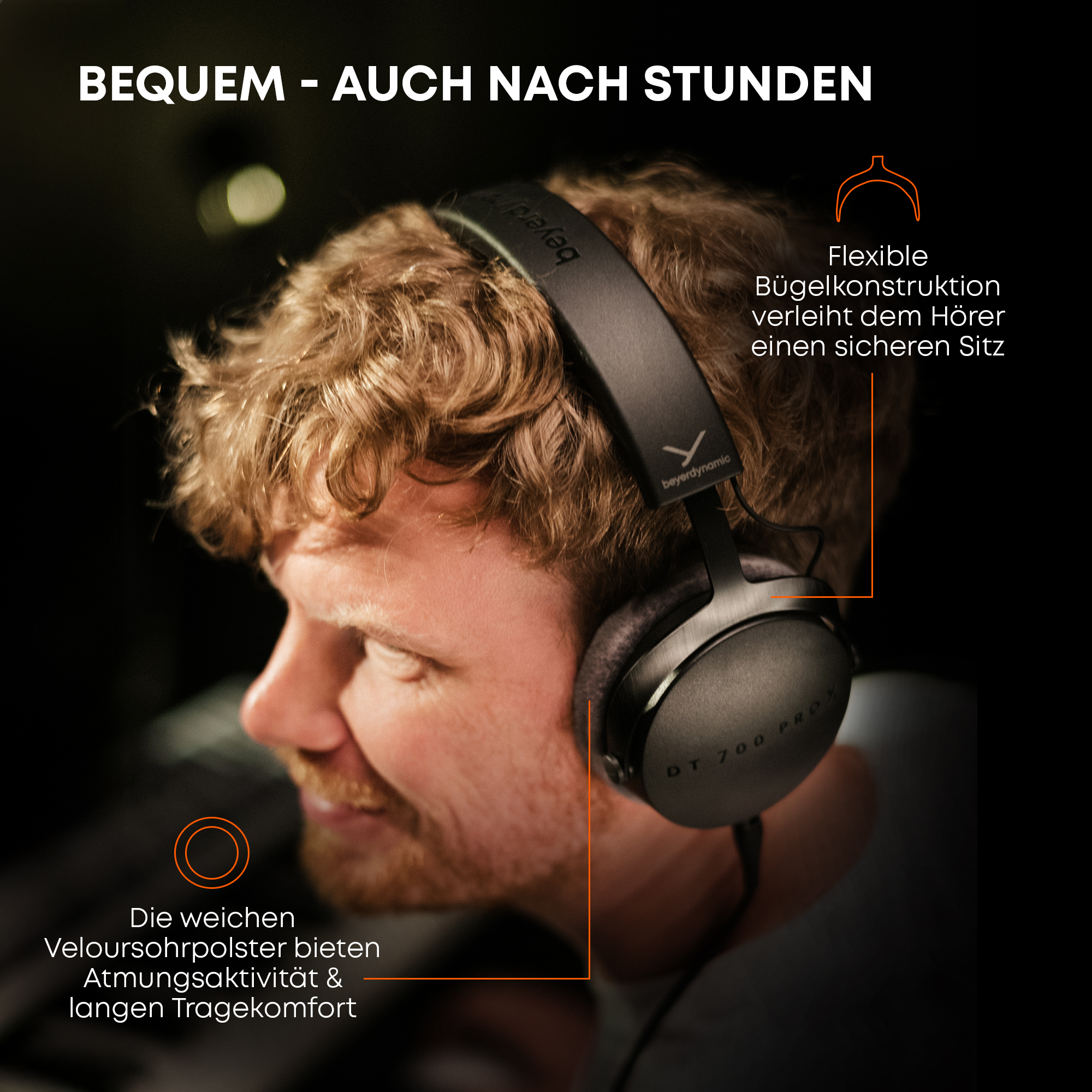 Mężczyzna w czarnych słuchawkach. Obraz podkreśla komfort i cechy słuchawek, z nakładką tekstową.