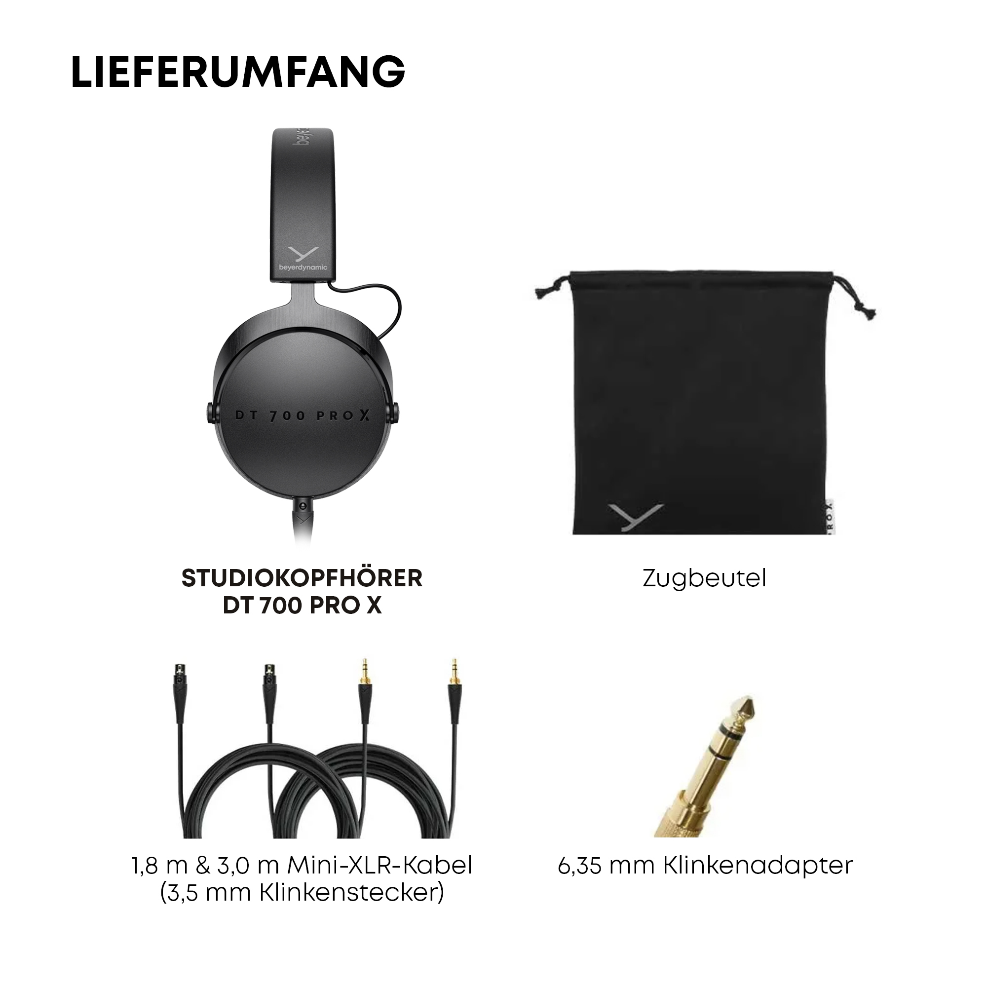 Obraz przedstawia słuchawki, woreczek, kable i adapter. Tekst zawiera "Studio Kopfhörer DT 700 PRO X" i "Lieferumfang".