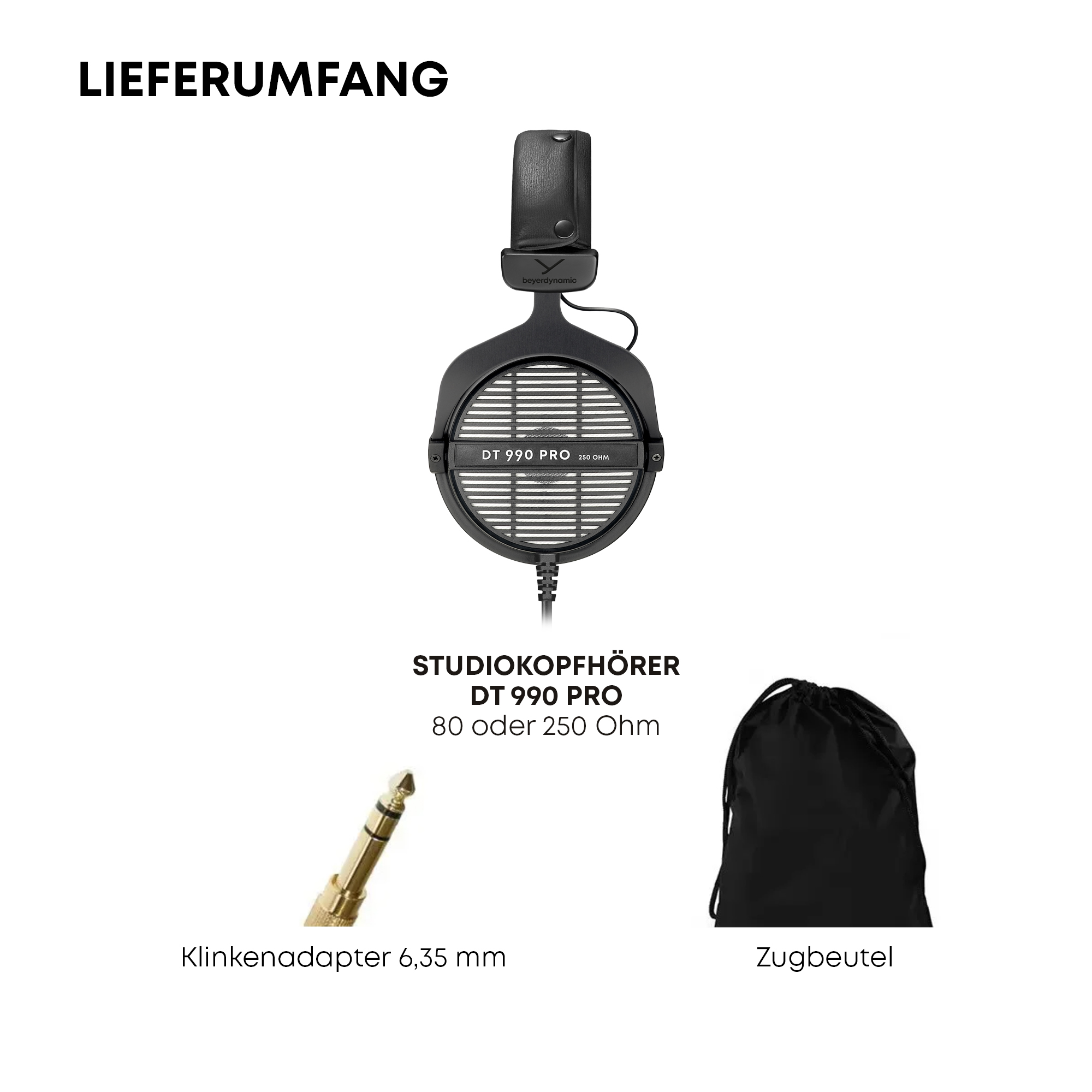 Obraz przedstawia słuchawki, adapter i torbę. Słuchawki to DT 990 PRO. Tekst po polsku.