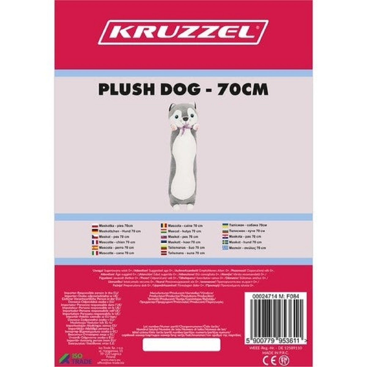 Un peluche de perro, gris y blanco, con un lazo rosa, sobre un embalaje con texto.