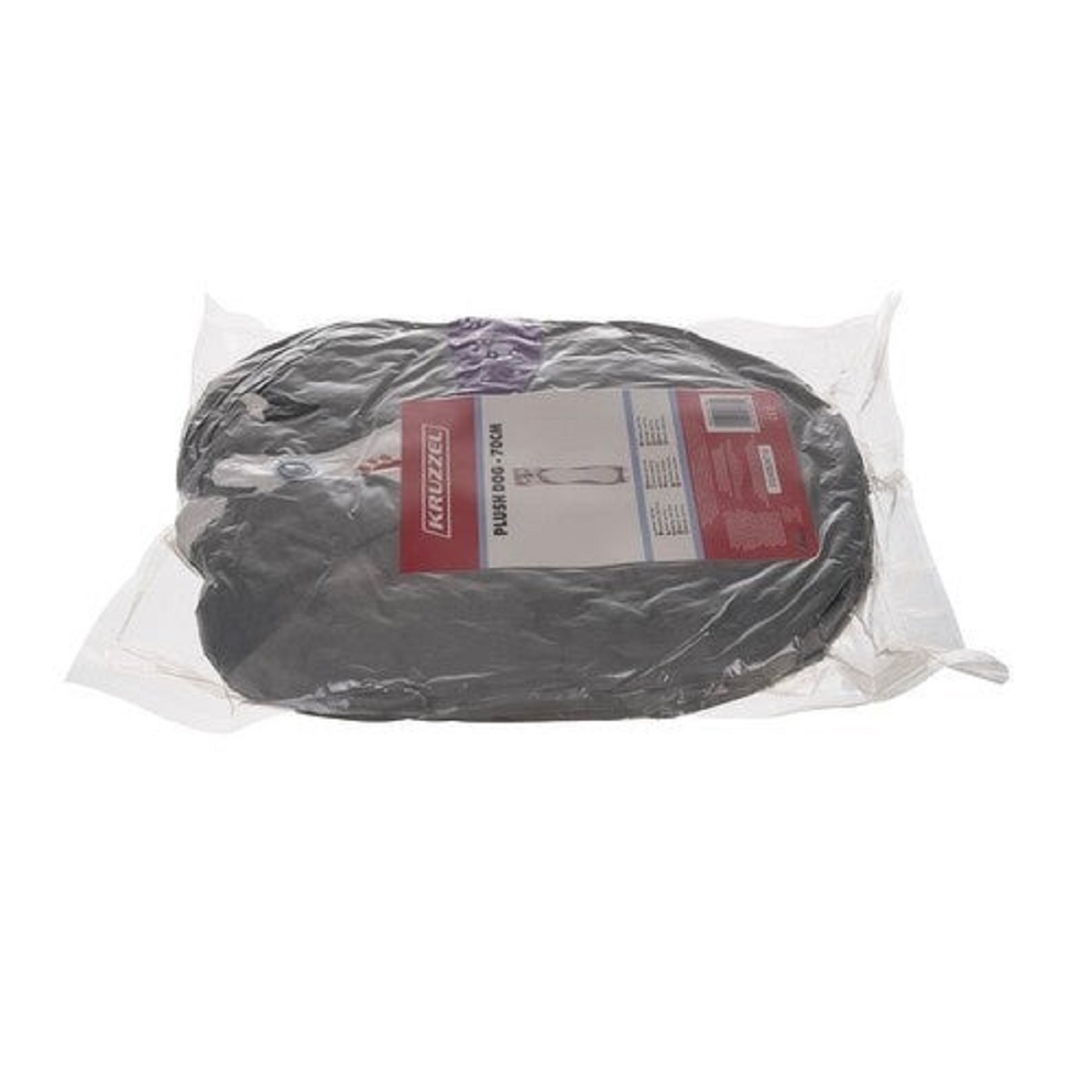 Una cama para perros gris oscuro está empaquetada en plástico transparente. Es visible una etiqueta con la marca 'KRUZZEL'.