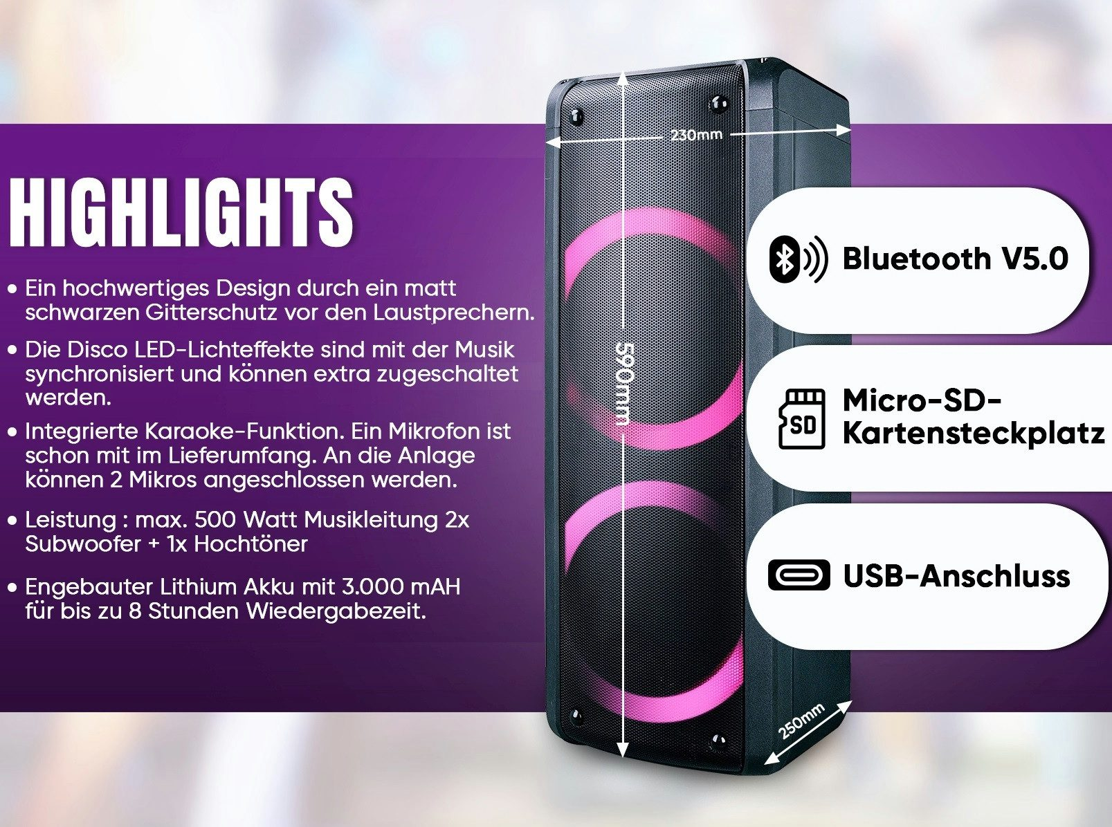 Ein schwarzer Lautsprecher mit rosa Lichtern. Funktionen umfassen Bluetooth, Micro-SD und USB. Abmessungen sind angegeben.