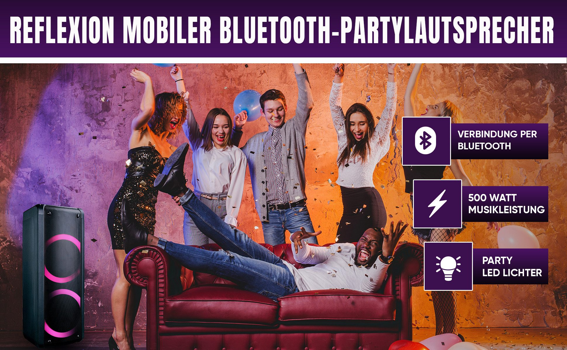 Partyszene mit Leuten, einem Lautsprecher und einer Couch. Leute feiern. Text: Reflexion Mobiler Bluetooth-Partylautsprecher.