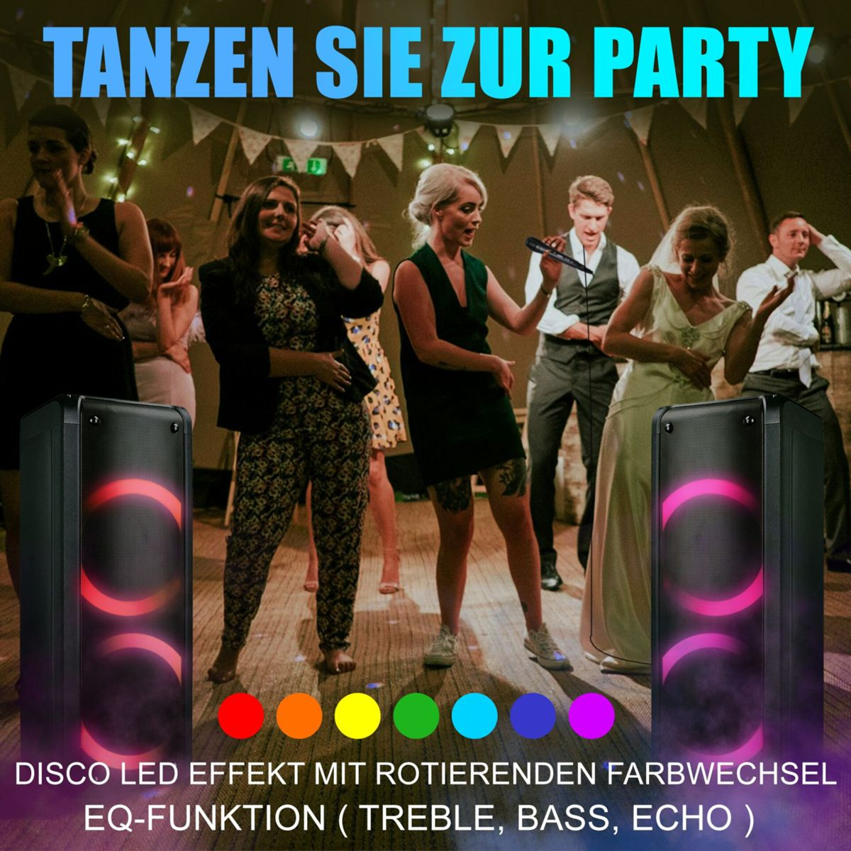 Leute tanzen auf einer Party. Zwei Lautsprecher vorne. Text sagt 'Tanzen zur Party'. Disco-LED-Effekt mit Farbwechsel.