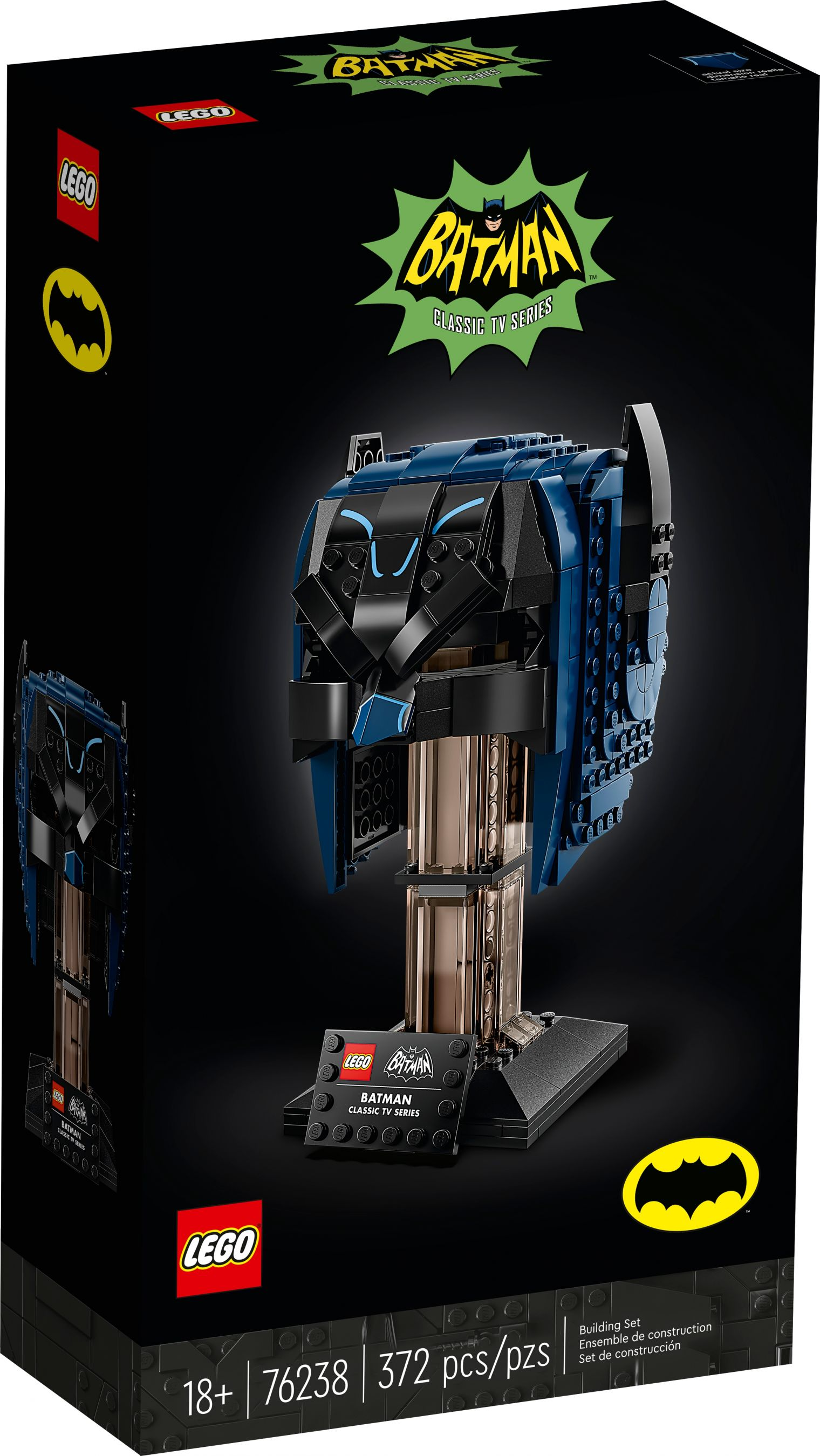 LEGO Batman Classic TV Series Set. Die Box zeigt einen baubaren Batman-Helm. Schwarz und blau, mit LEGO- und Batman-Logos.