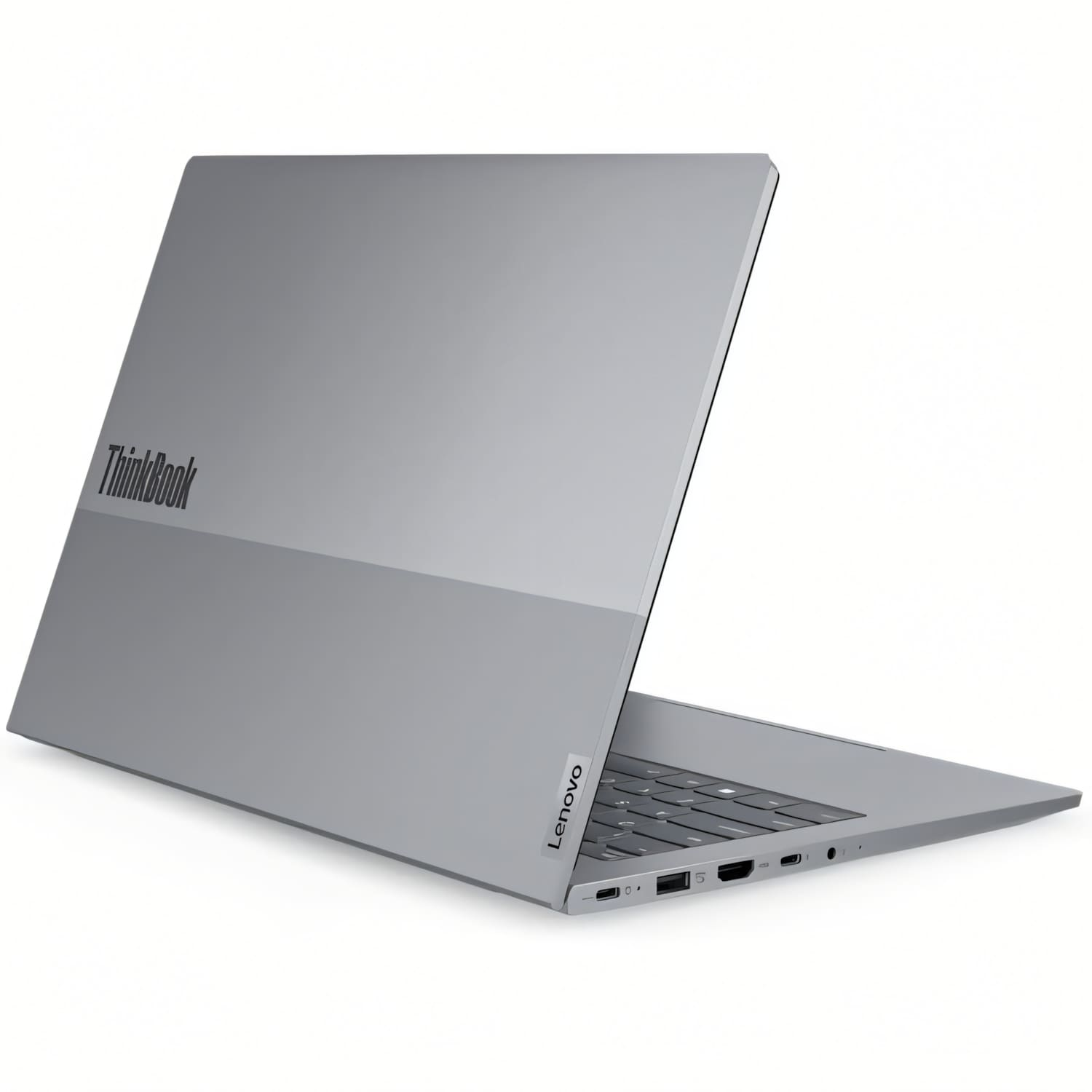 Un portátil gris Lenovo ThinkBook está abierto sobre un fondo blanco. El teclado es visible y el logotipo de Lenovo está en el lateral.
