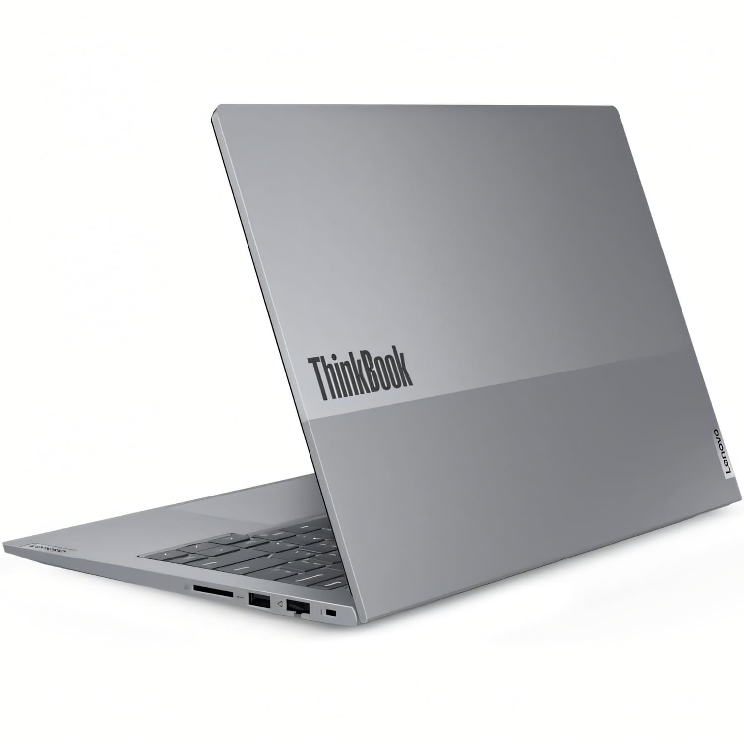 Una laptop ThinkBook gris está ligeramente abierta, mostrando el teclado. El logotipo de ThinkBook es visible. El logotipo de Lenovo está a un lado.