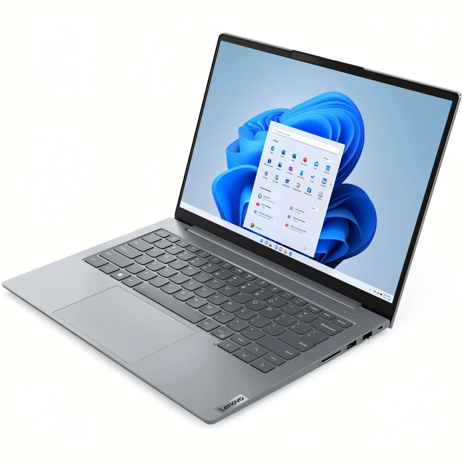 Una laptop Lenovo está abierta, mostrando una interfaz de Windows 11. La pantalla muestra un fondo azul abstracto e iconos de aplicaciones.