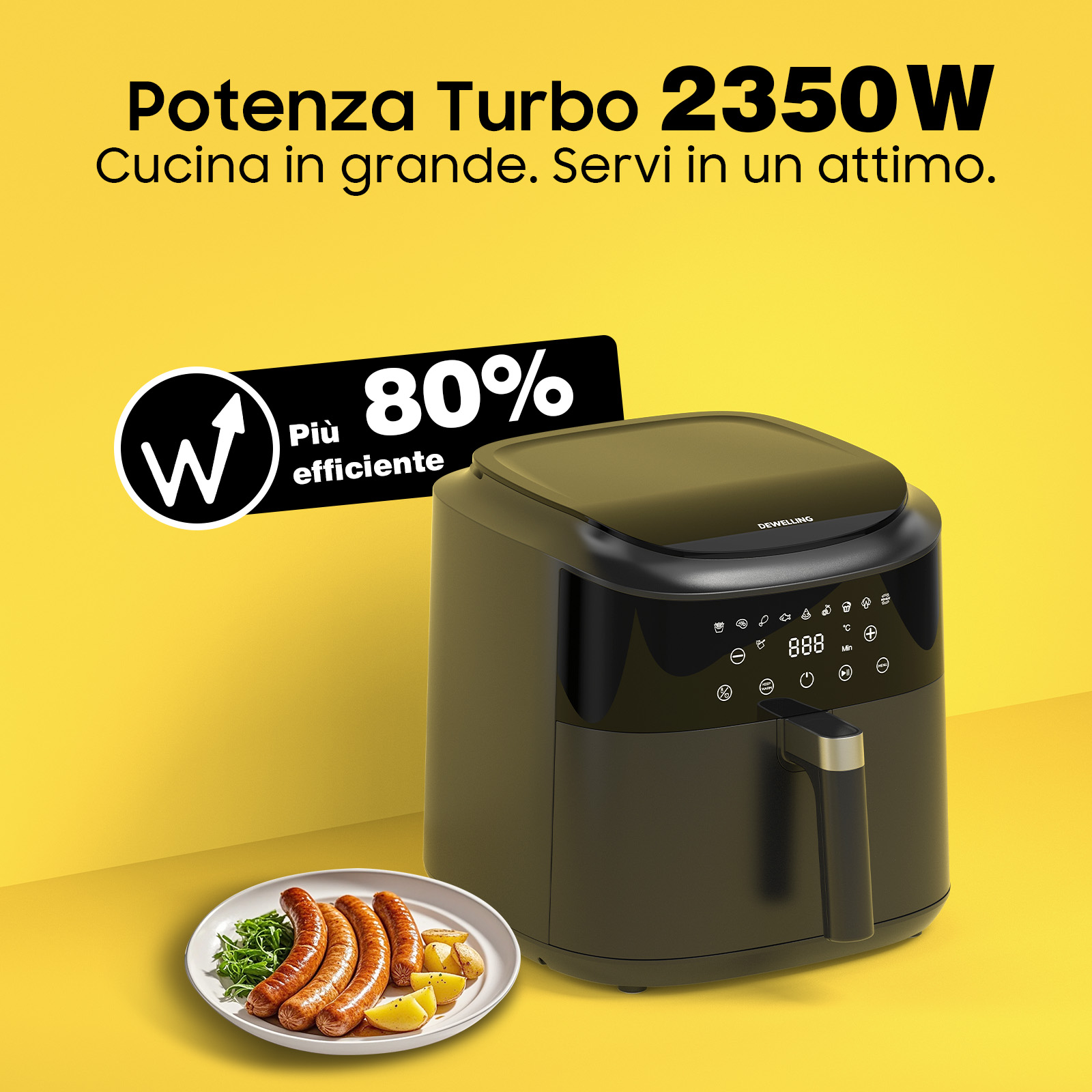 Una friggitrice ad aria con cibo, salsicce e patate, in un piatto. Sfondo giallo con testo e logo.