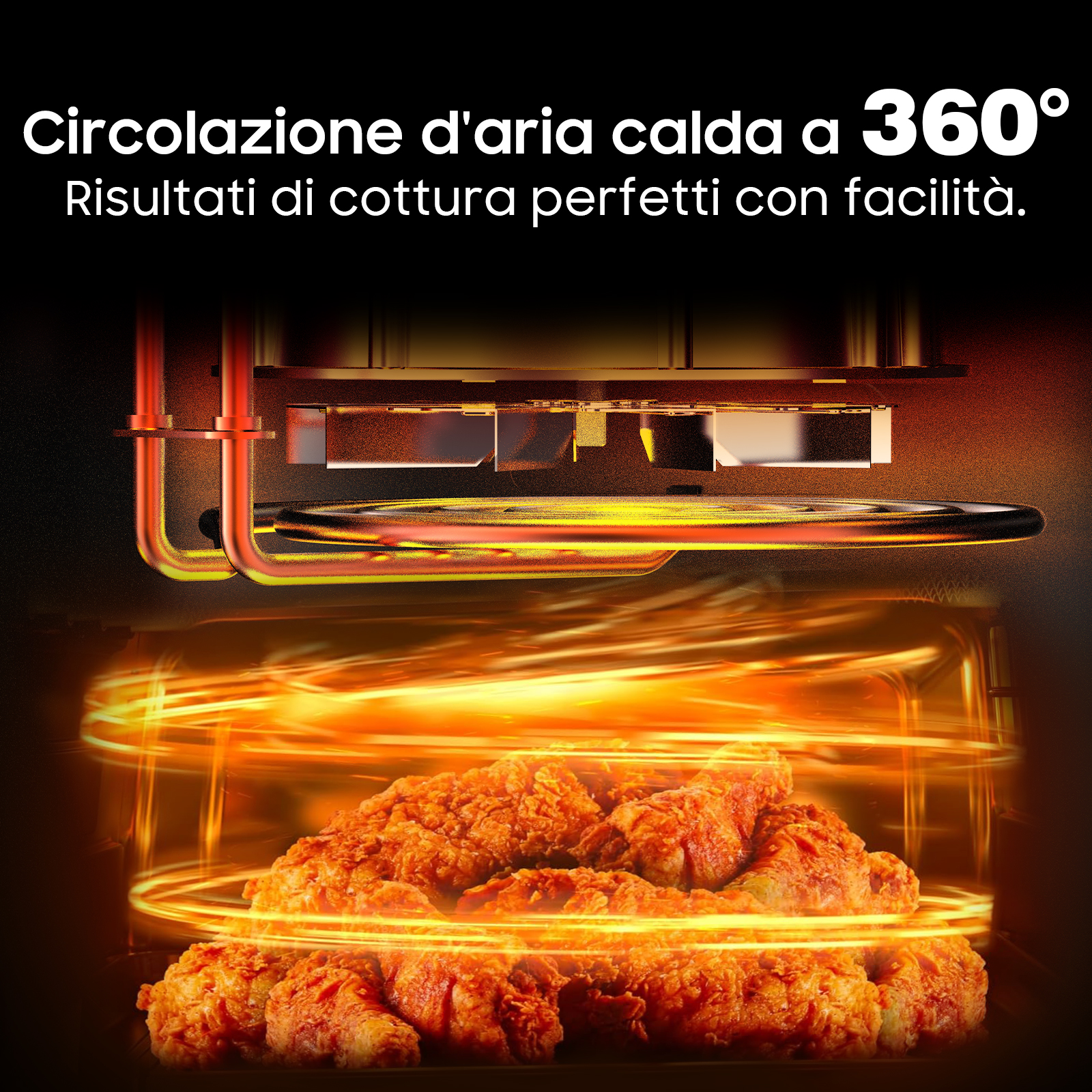 L'immagine mostra un forno con pollo fritto. L'aria calda circola a 360 gradi. Lo sfondo è scuro.