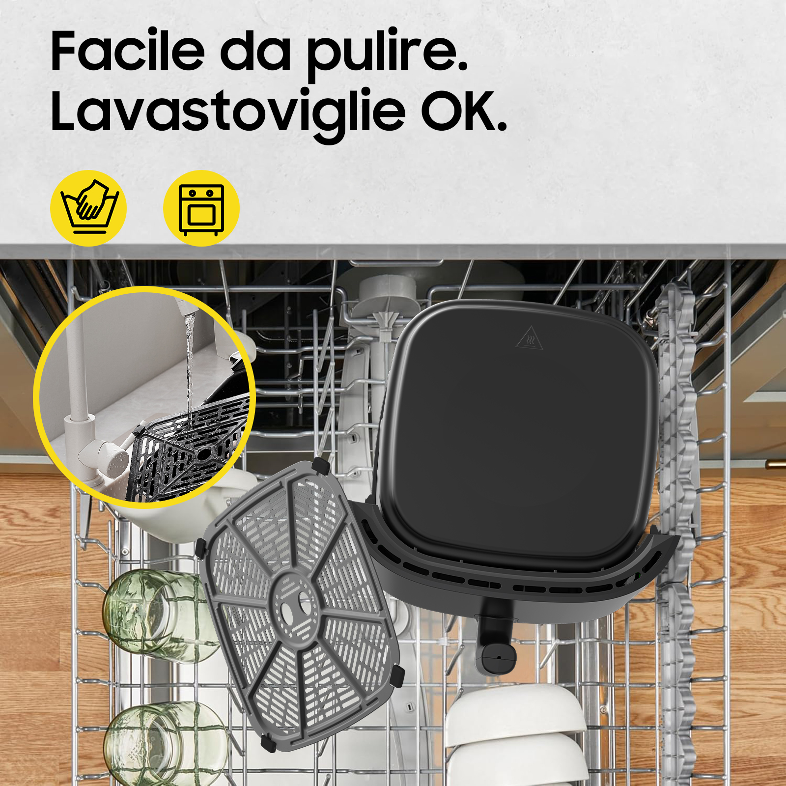 Parti della friggitrice ad aria in lavastoviglie. Griglia con parti grigie. Testo facile da pulire sopra.