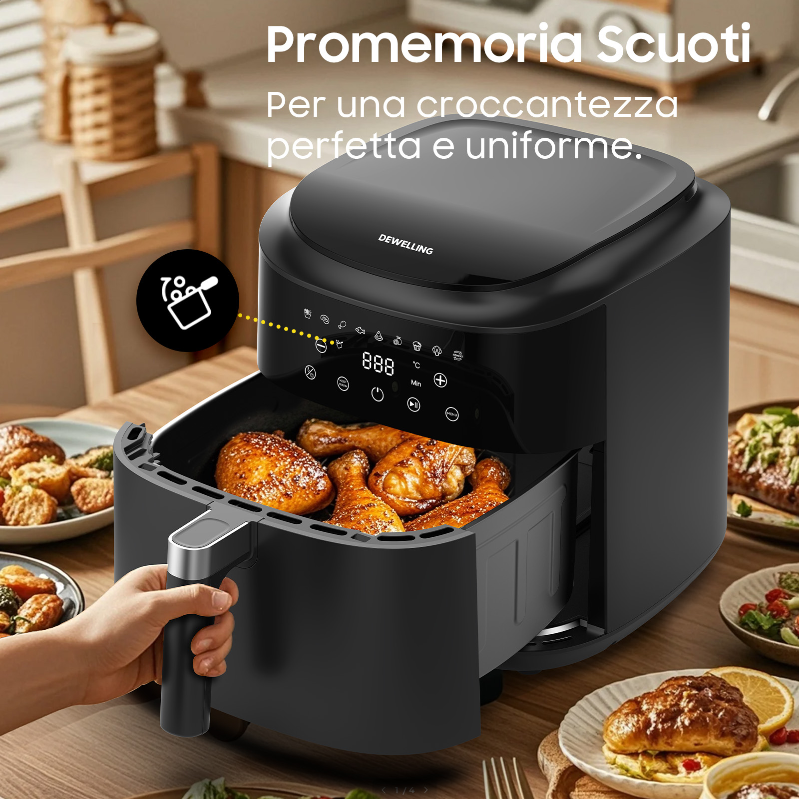 Una friggitrice ad aria nera con pollo cotto all'interno. Una mano tiene la maniglia. Piatti di cibo la circondano.