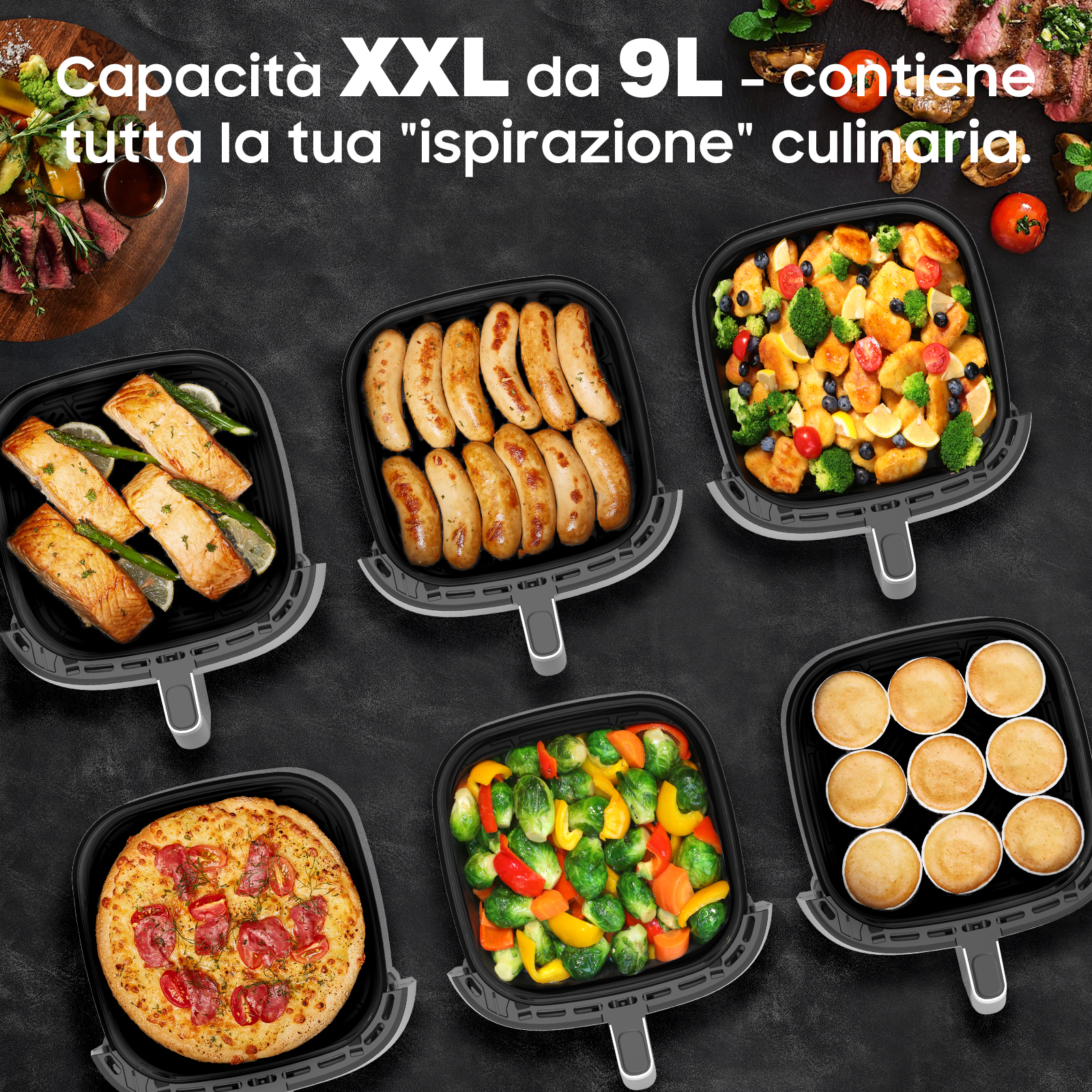 L'immagine mostra una friggitrice ad aria con vari cibi: pizza, salsicce, salmone, verdure e muffin. Sfondo nero.