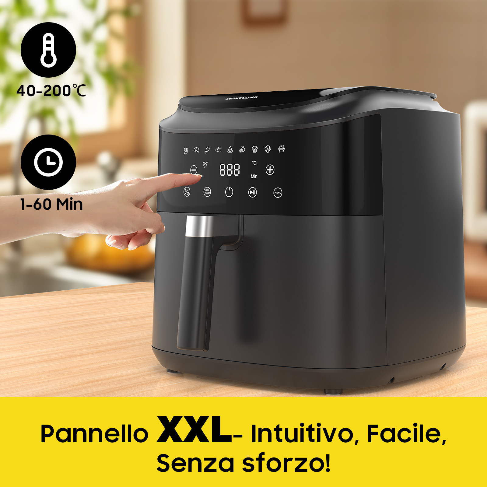 Friggitrice ad aria nera su tavolo di legno. Una mano tocca il display digitale. Controlli e testo.