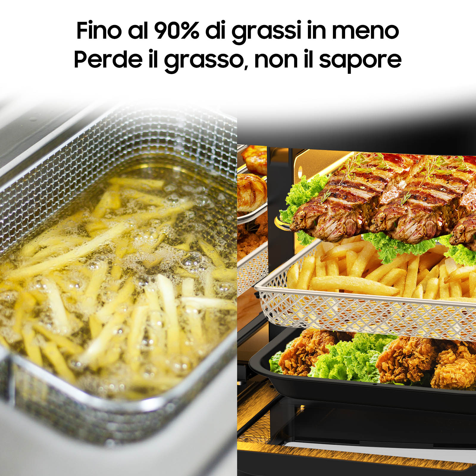 L'immagine mostra una friggitrice con patatine fritte e una friggitrice ad aria con carne, patatine fritte e pollo, che promuove meno grassi, stesso sapore.