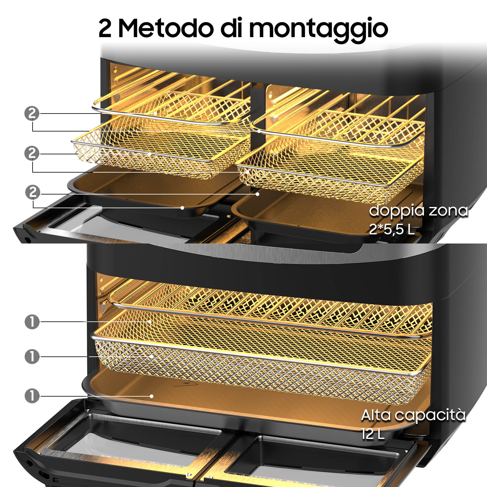 Una friggitrice ad aria con due zone di cottura e una grande capacità. Mostra i cestelli e i vassoi interni.