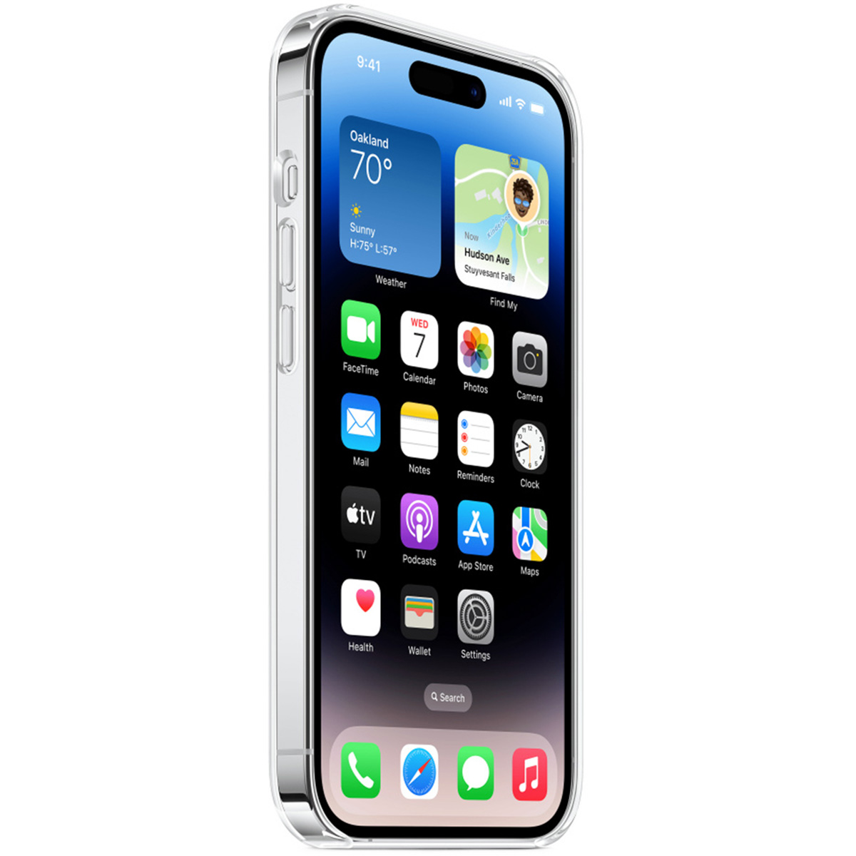 An iPhone with a clear case displays the home screen. Weather app shows Oakland, 70 degrees. App icons are visible.