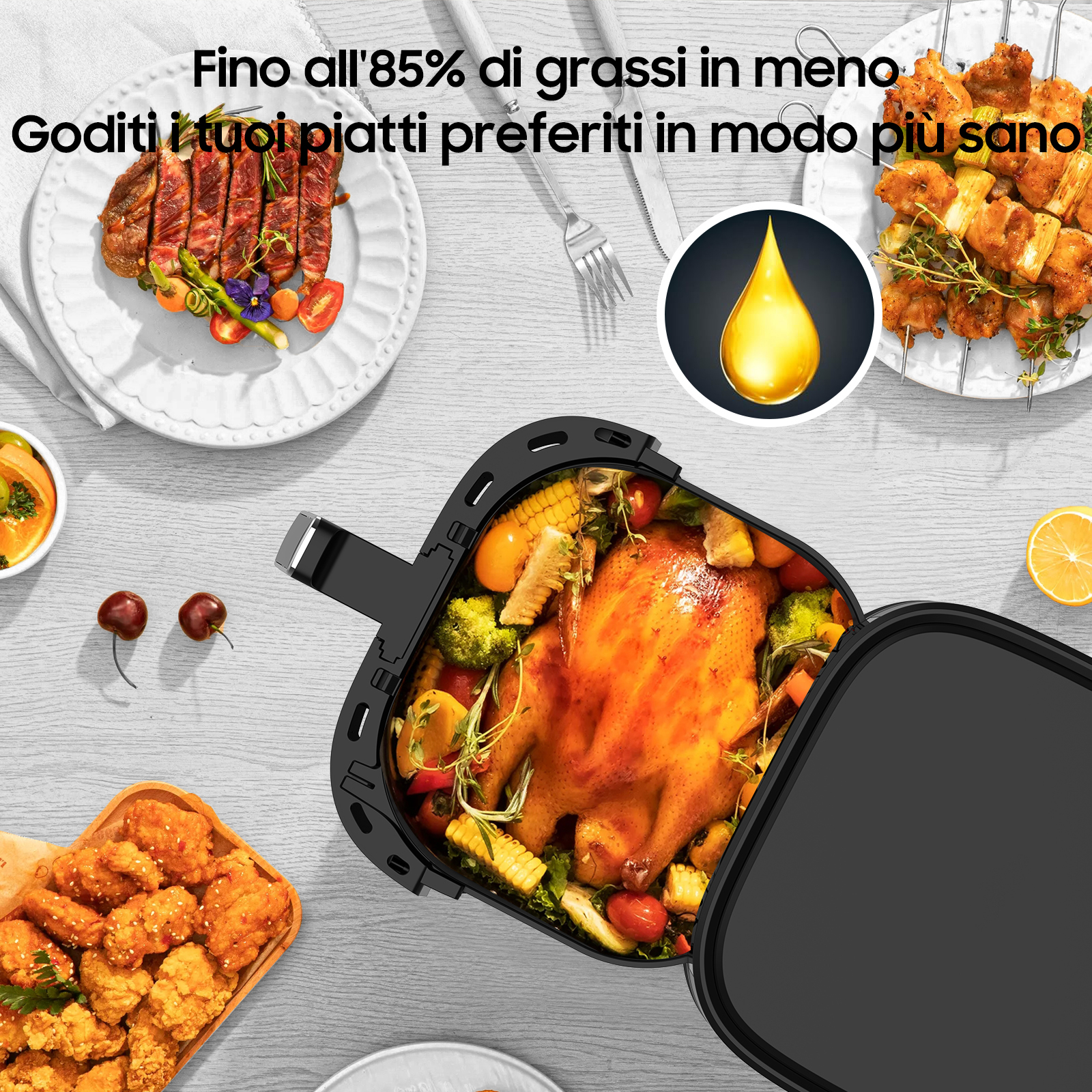 Una friggitrice ad aria con pollo e verdure cotti, con altri piatti su piatti e un'illustrazione di una goccia d'olio.