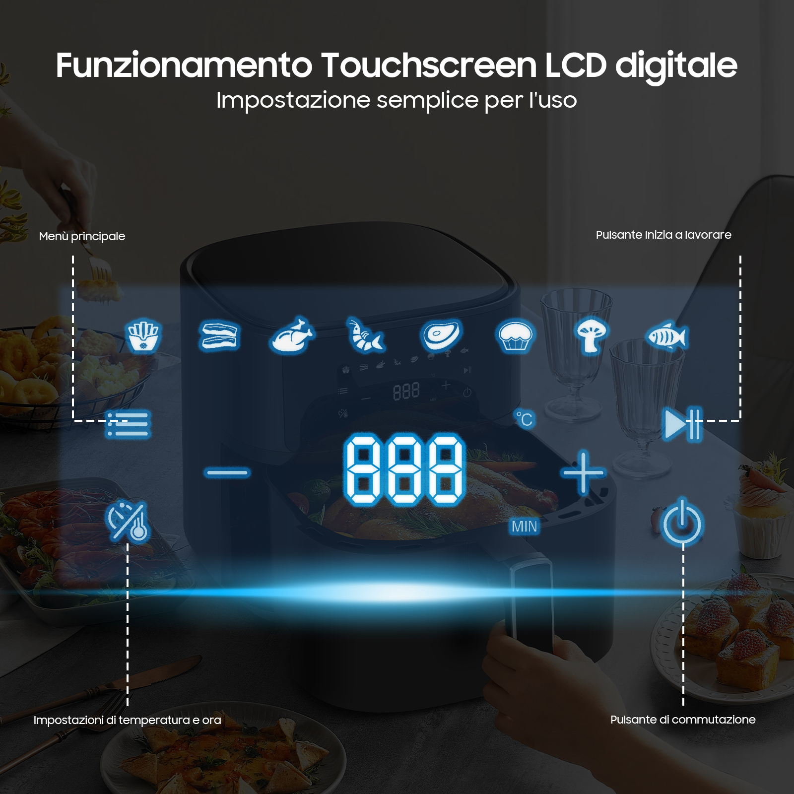 È mostrata una friggitrice ad aria con display digitale. Icone e impostazioni del cibo sono evidenziate.