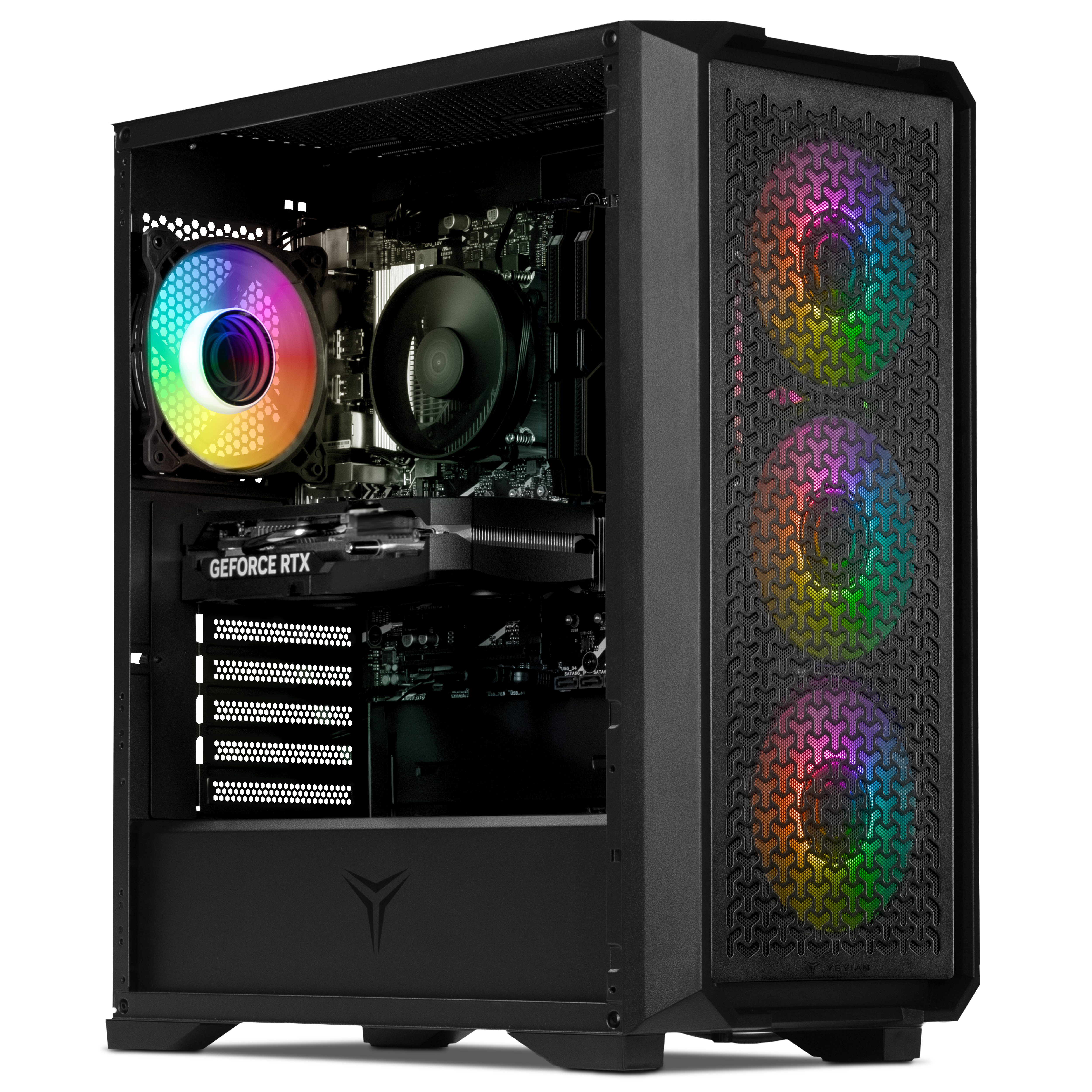 Un case per computer nero con ventole RGB e componenti interni visibili. Il case ha un pannello frontale a rete.