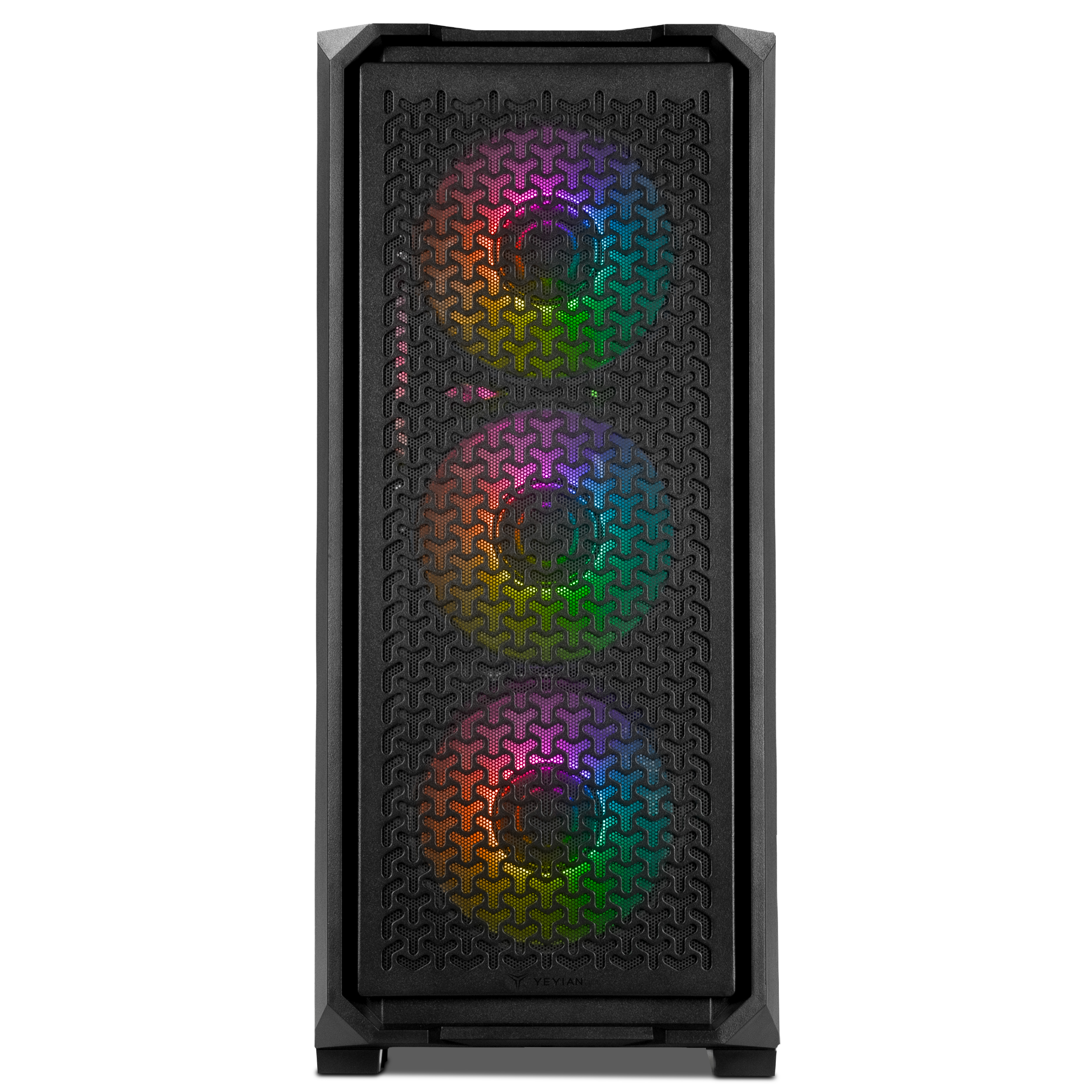 Un case per computer nero con una parte anteriore a rete. La rete ha tre sezioni con luci RGB colorate dietro.