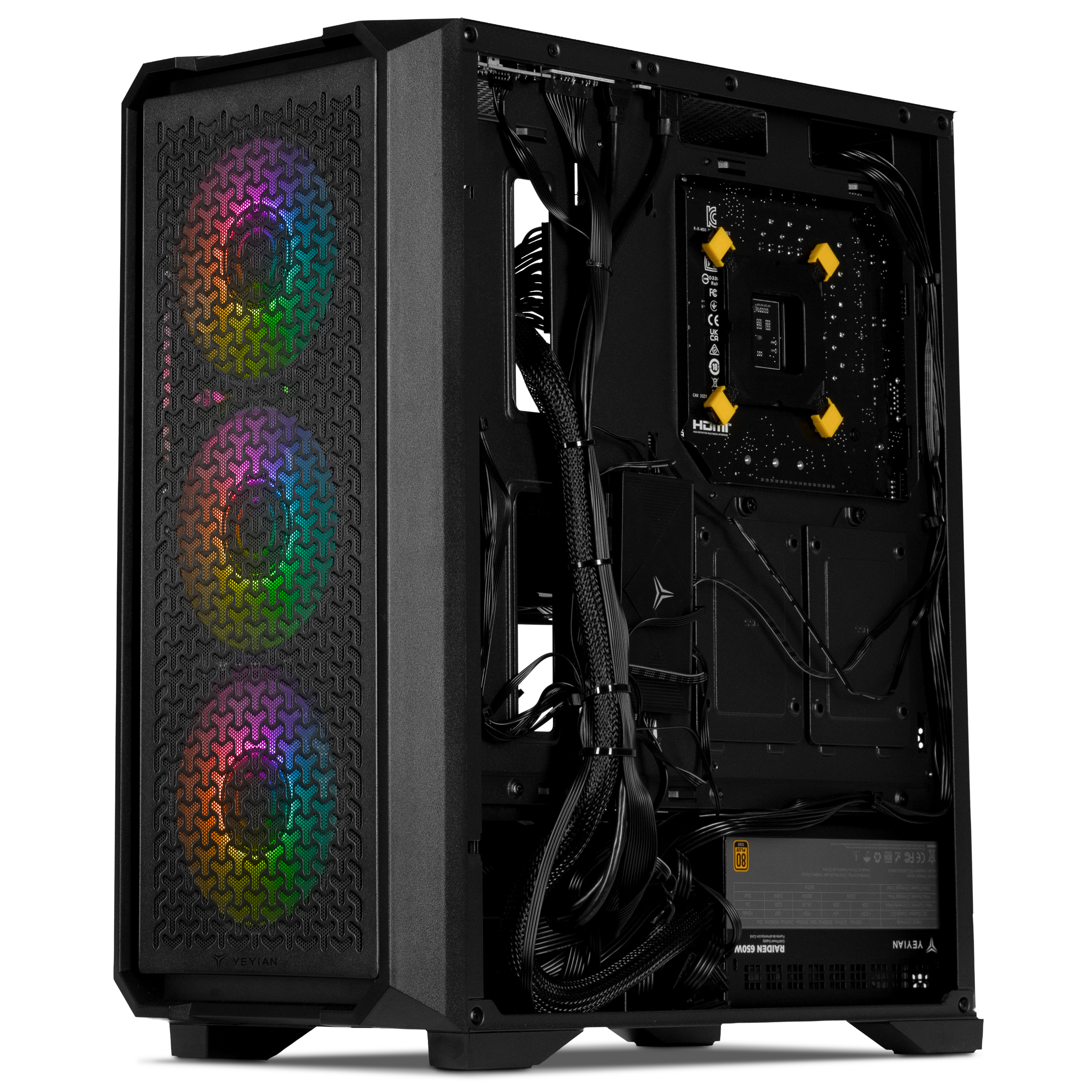 Case per computer nero con ventole illuminate ad arcobaleno e componenti interni visibili, inclusi i cavi.