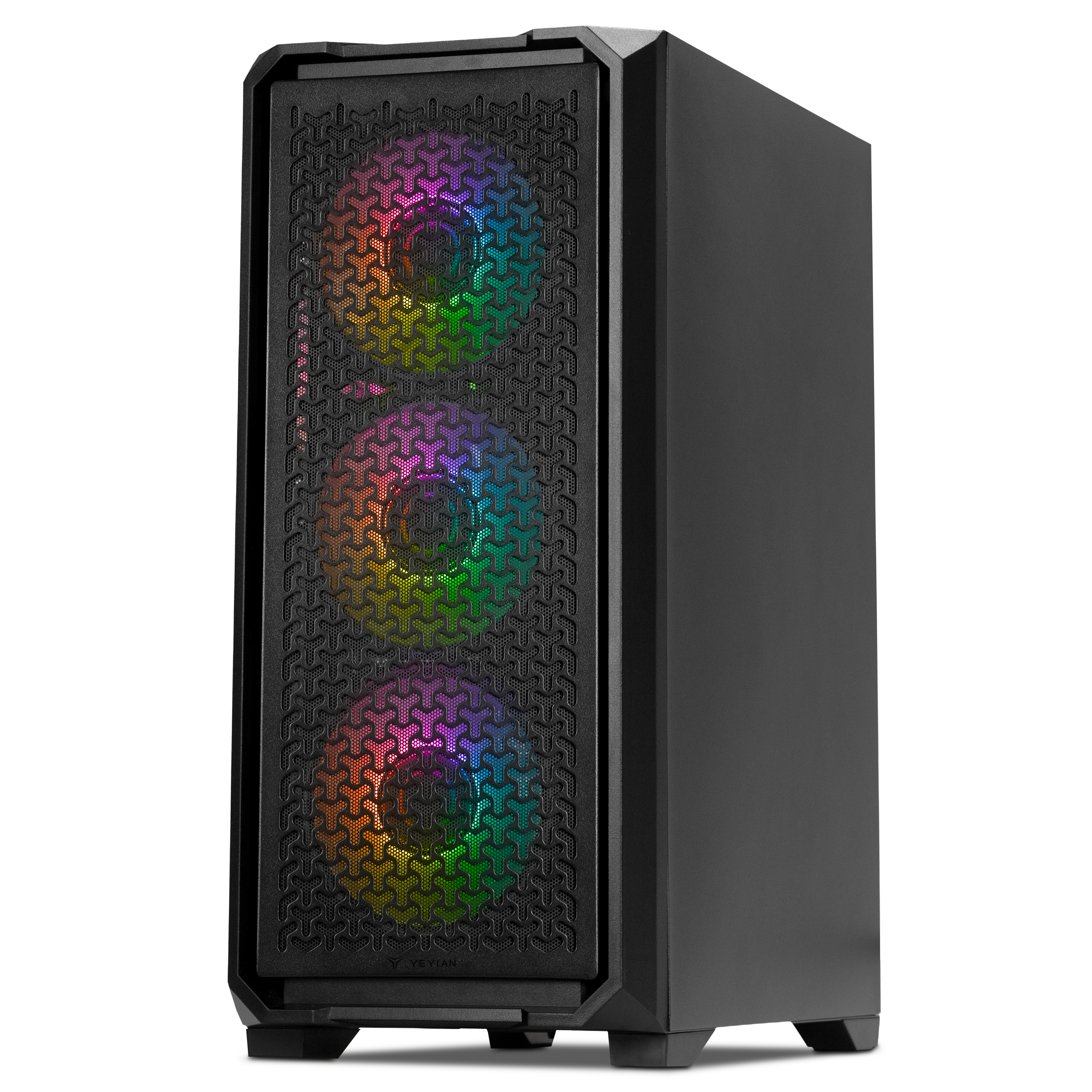 Case nero per computer con pannello frontale a fantasia che mostra luci colorate. Sfondo bianco.