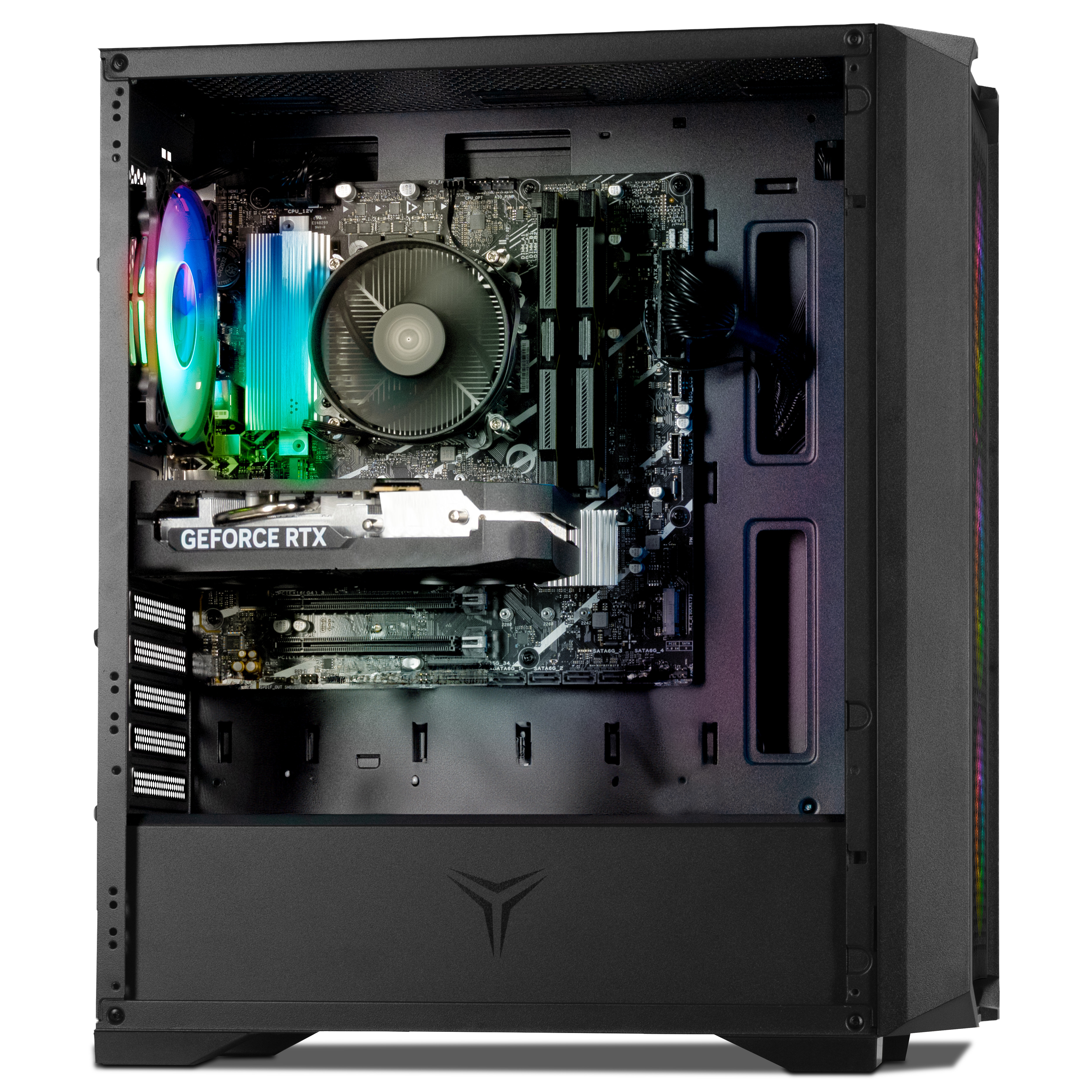 Case PC aperto rivela componenti interni: scheda madre, scheda grafica, dissipatore CPU con RGB e ventola.