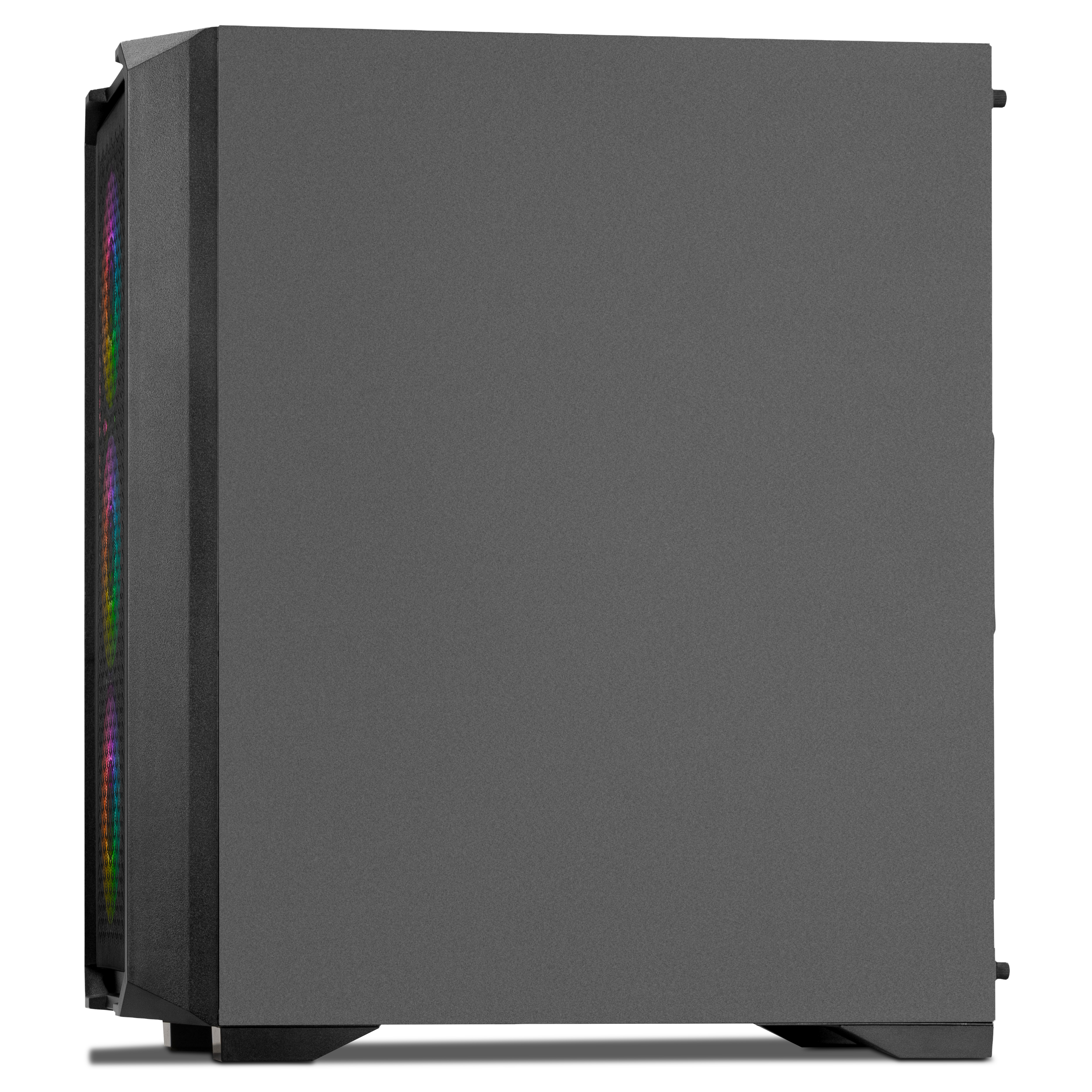 Un case per computer grigio è mostrato su sfondo bianco. Il lato ha un pannello LED colorato.