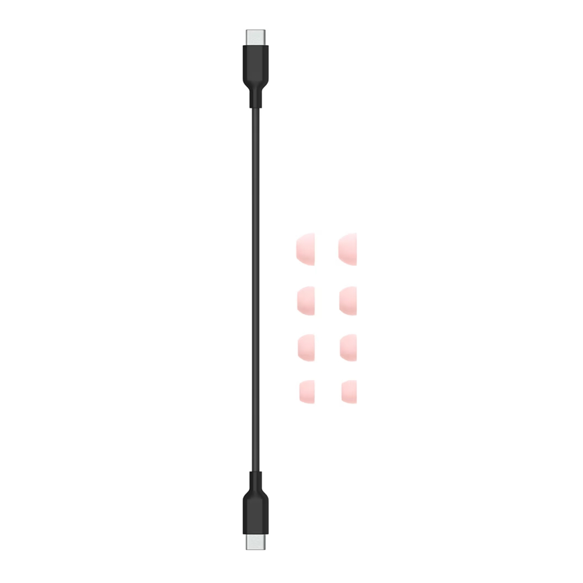 Czarny kabel USB-C z różowymi końcówkami do uszu na białym tle. Kabel pionowy z wtyczkami na obu końcach.