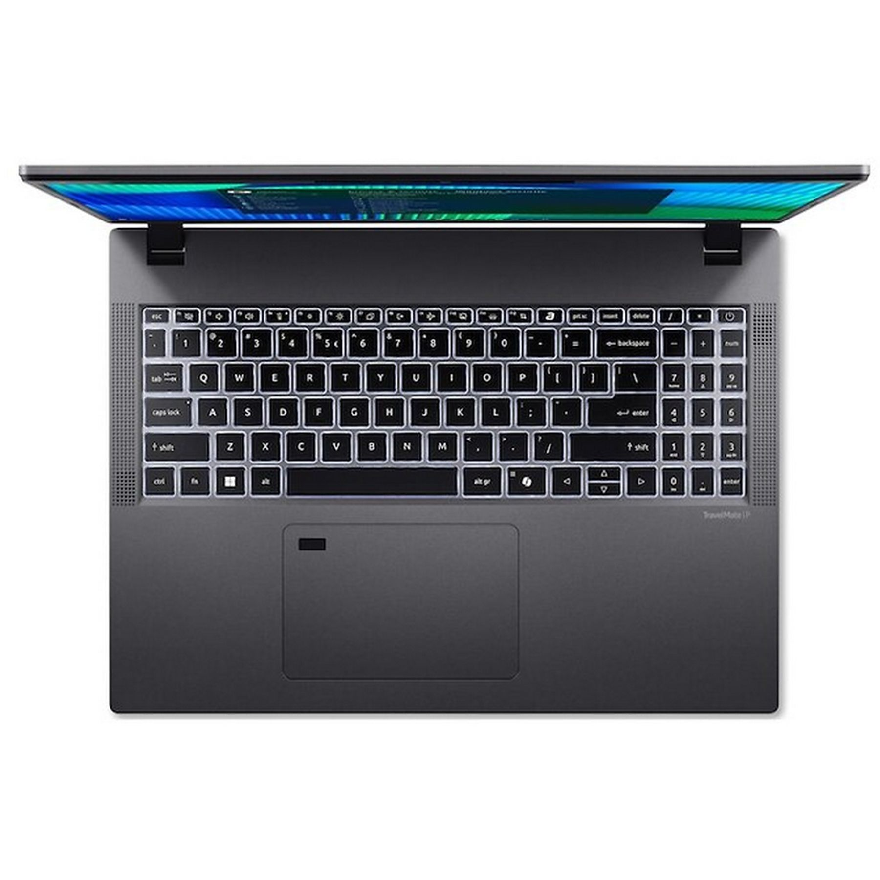 Un laptop, vista dall'alto. Lo schermo è aperto, mostra un'immagine colorata. La tastiera retroilluminata e il touchpad sono visibili.