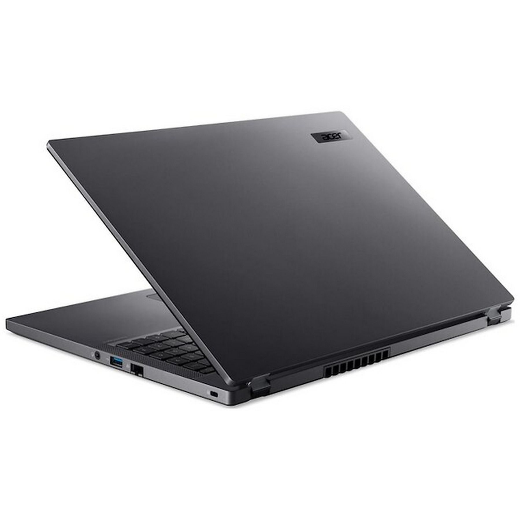Un laptop Acer grigio scuro è aperto, mostrando la tastiera e parzialmente lo schermo. Il logo Acer è visibile.
