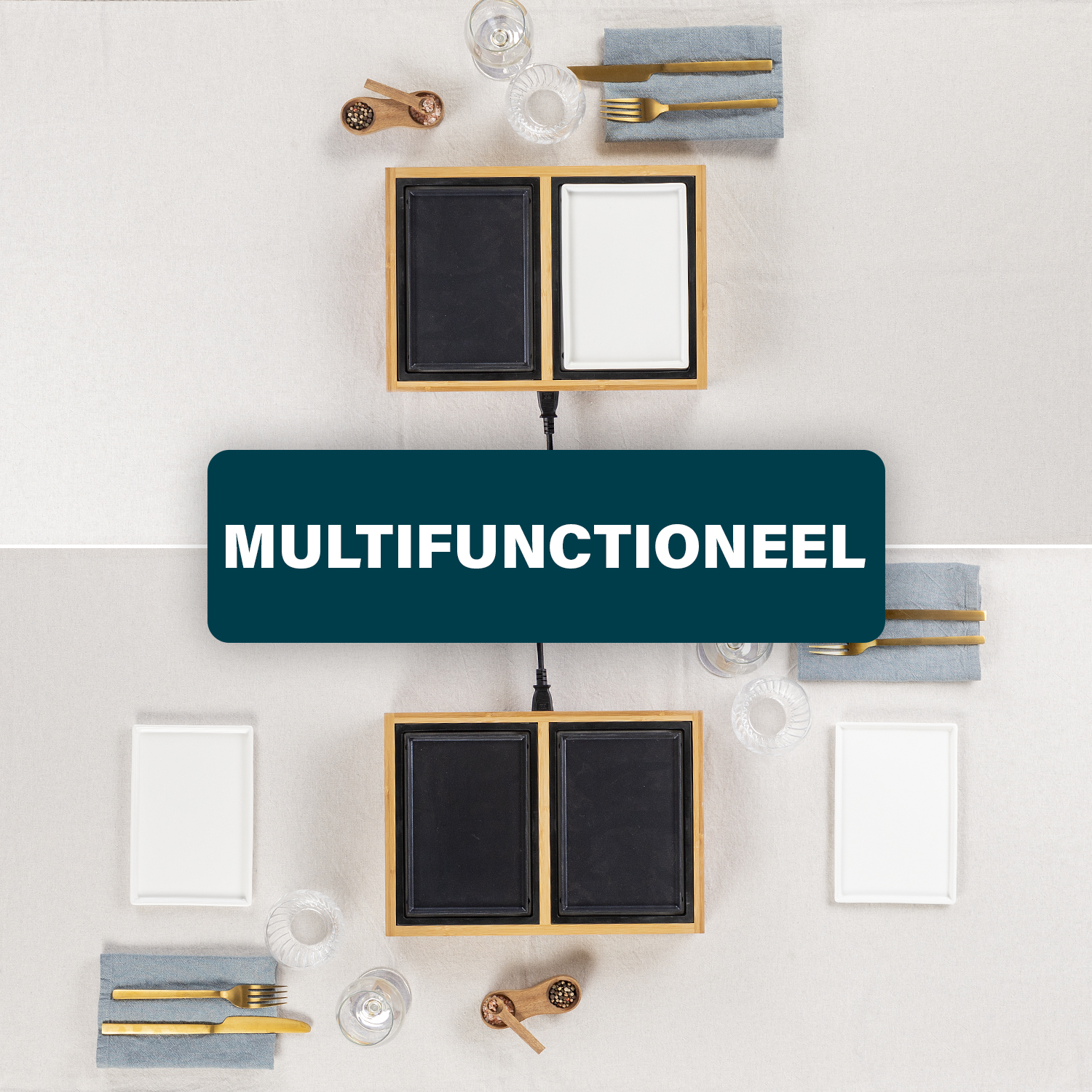 Draufsicht auf zwei Platten mit schwarz/weißen Abschnitten, Besteck, Gläsern, Gewürzen und Text 'MULTIFUNCTIONEEL' auf heller Oberfläche.