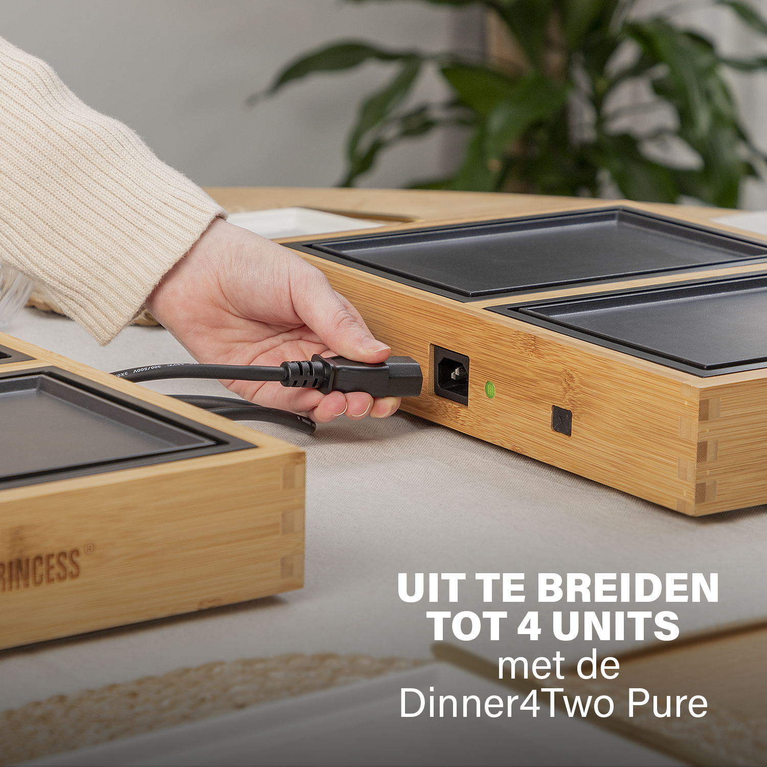Eine Hand steckt ein Netzkabel in einen Bambusgrill. Der Grill hat eine schwarze Oberfläche und eine grüne Betriebsanzeige.