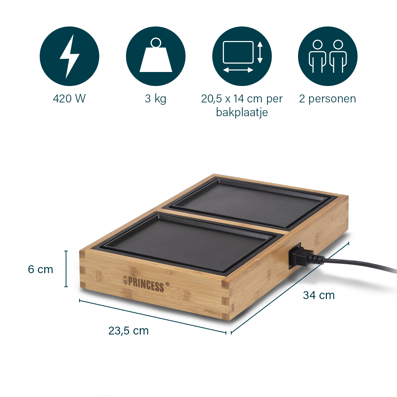 Ein Princess-Grill mit zwei schwarzen Platten, Bambusrahmen. Spezifikationen: 420W, 3kg, 20,5x14cm Platten, 2 Personen. Abmessungen werden angezeigt.