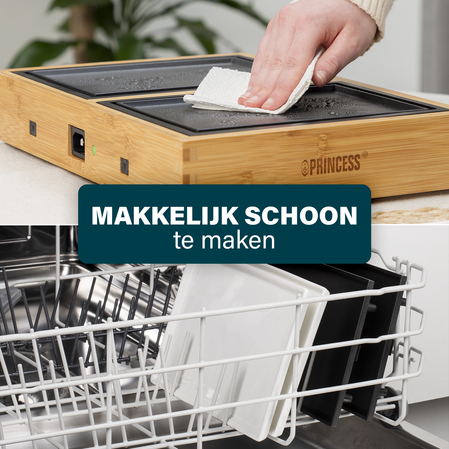 Eine Hand wischt einen Princess-Grill ab. Unten befinden sich Teller und Grillplatten in einer Spülmaschine. Der Text lautet 'Leicht zu reinigen'.