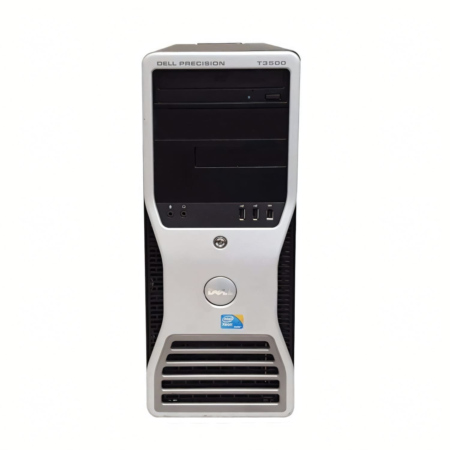 Un ordenador de sobremesa Dell Precision T3500. Tiene un panel frontal plateado y negro, con los logotipos de Dell e Intel Xeon.