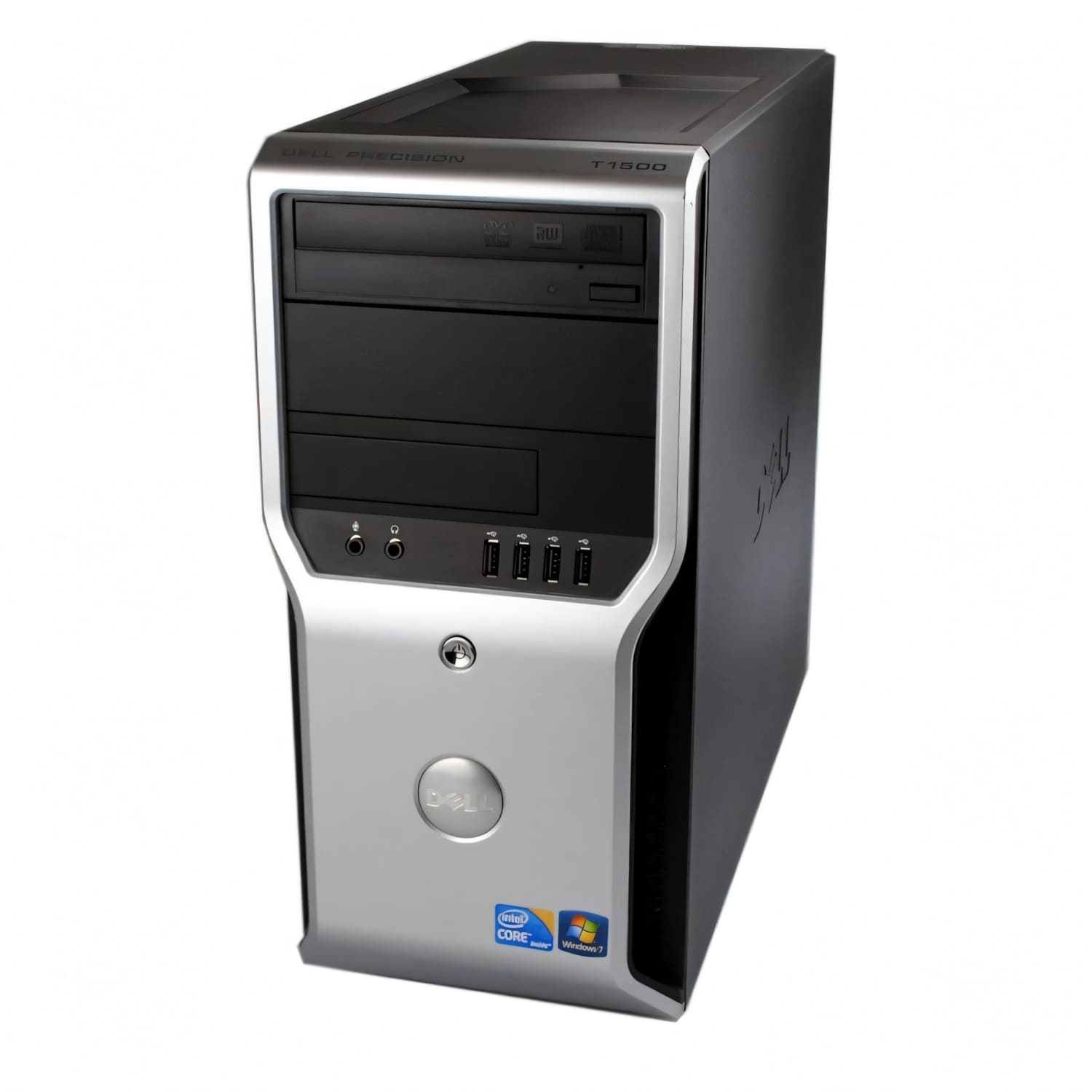 Una torre de computadora Dell Precision T1500 con paneles plateados y negros. Cuenta con una unidad de DVD, puertos USB, logotipo de Dell y pegatina Intel Core.