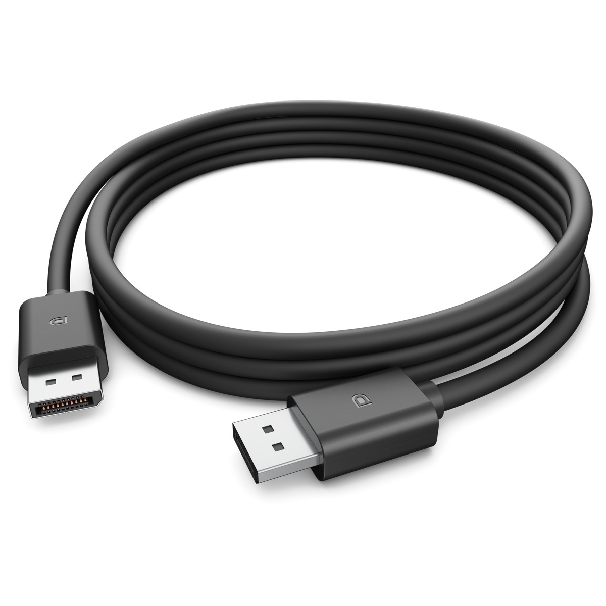 Ein auf einer weißen Oberfläche liegendes, aufgerolltes, schwarzes DisplayPort-Kabel. Zwei Anschlüsse an jedem Ende des Kabels, ein DisplayPort und ein USB.