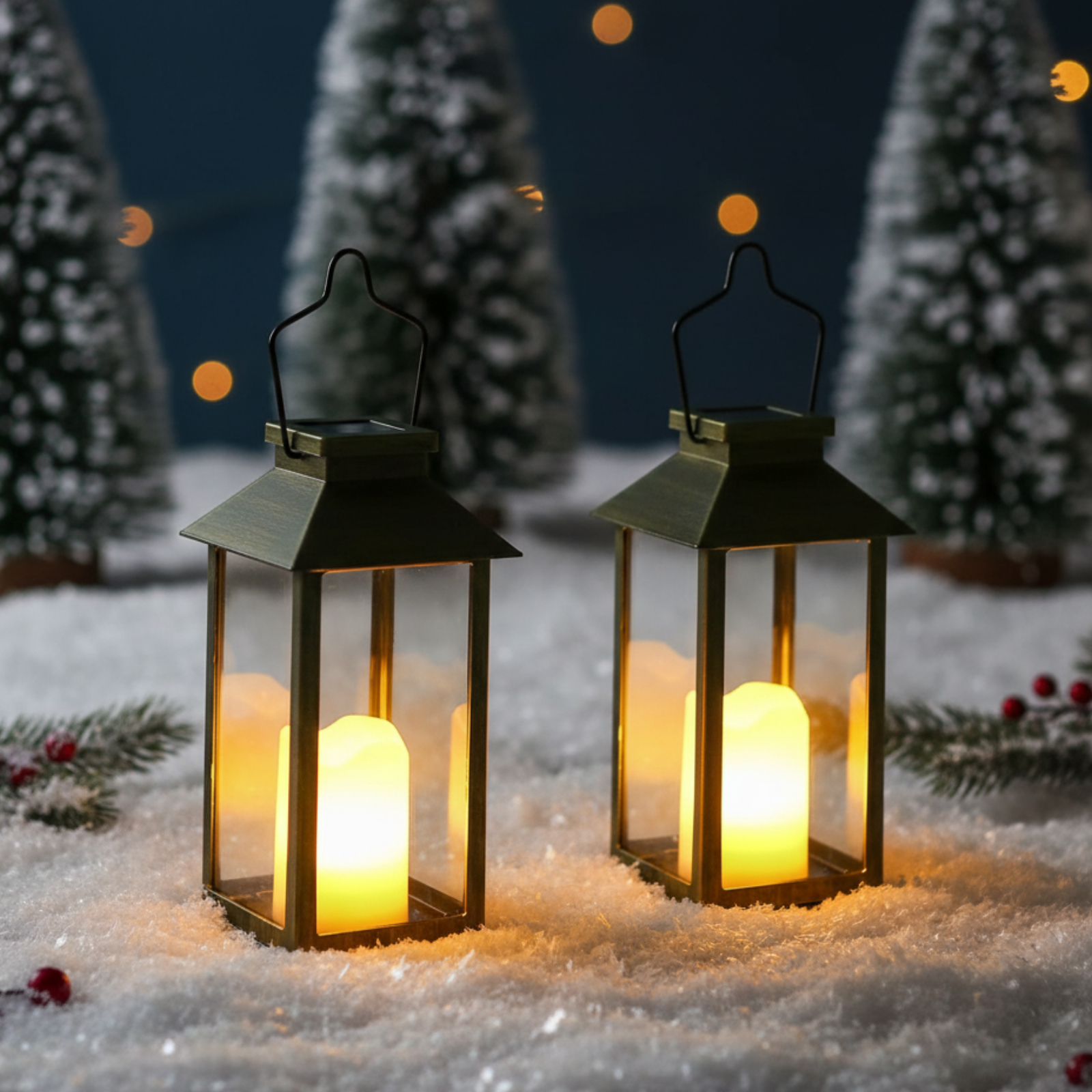 Zwei Kerzenlaternen im Schnee mit Weihnachtsbäumen im Hintergrund. Warmes gelbes Licht scheint von den Kerzen.