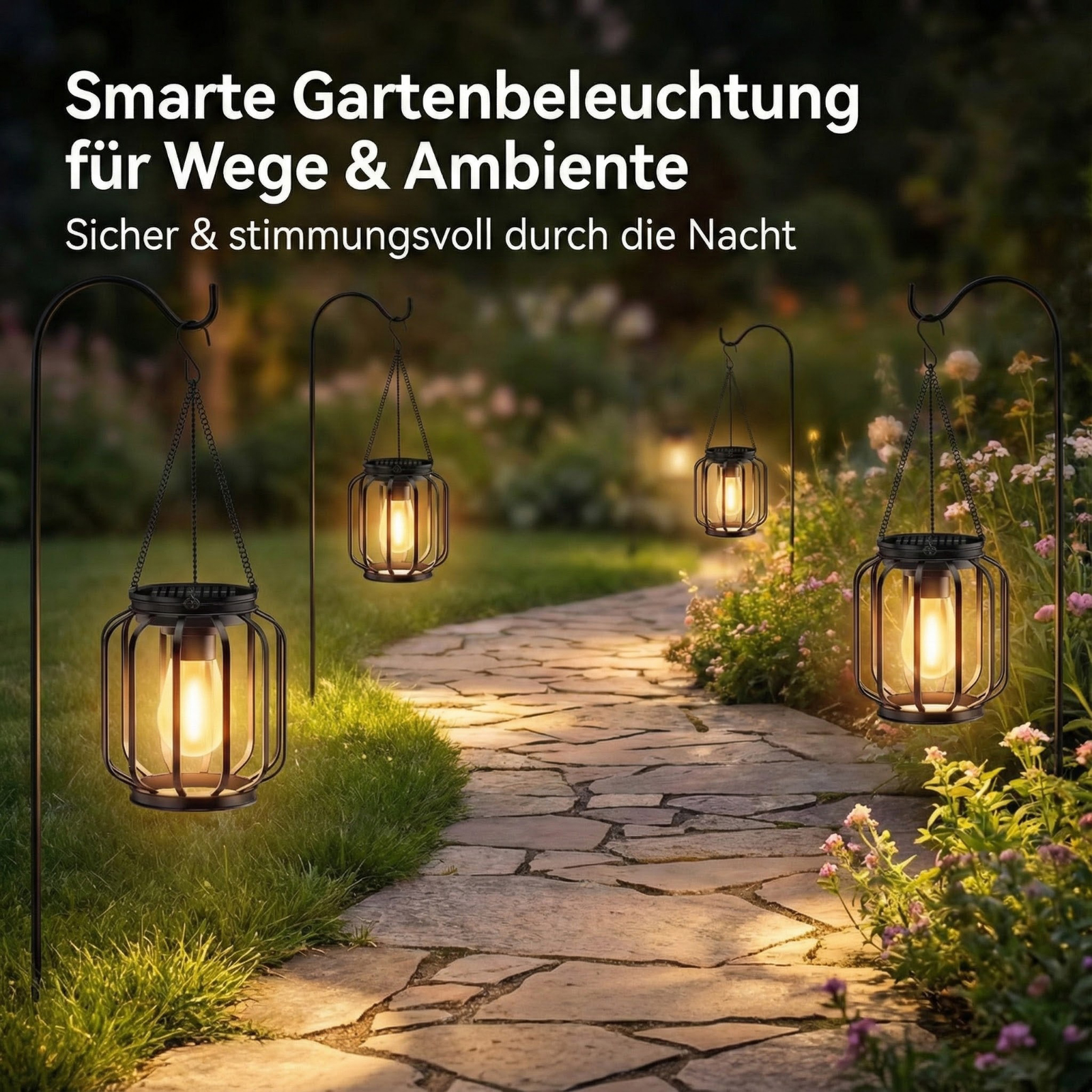 Gartenweg mit Laternen. Schwarze Metalllaternen mit warmen Lichtern beleuchten einen Steinweg durch einen Garten bei Nacht.