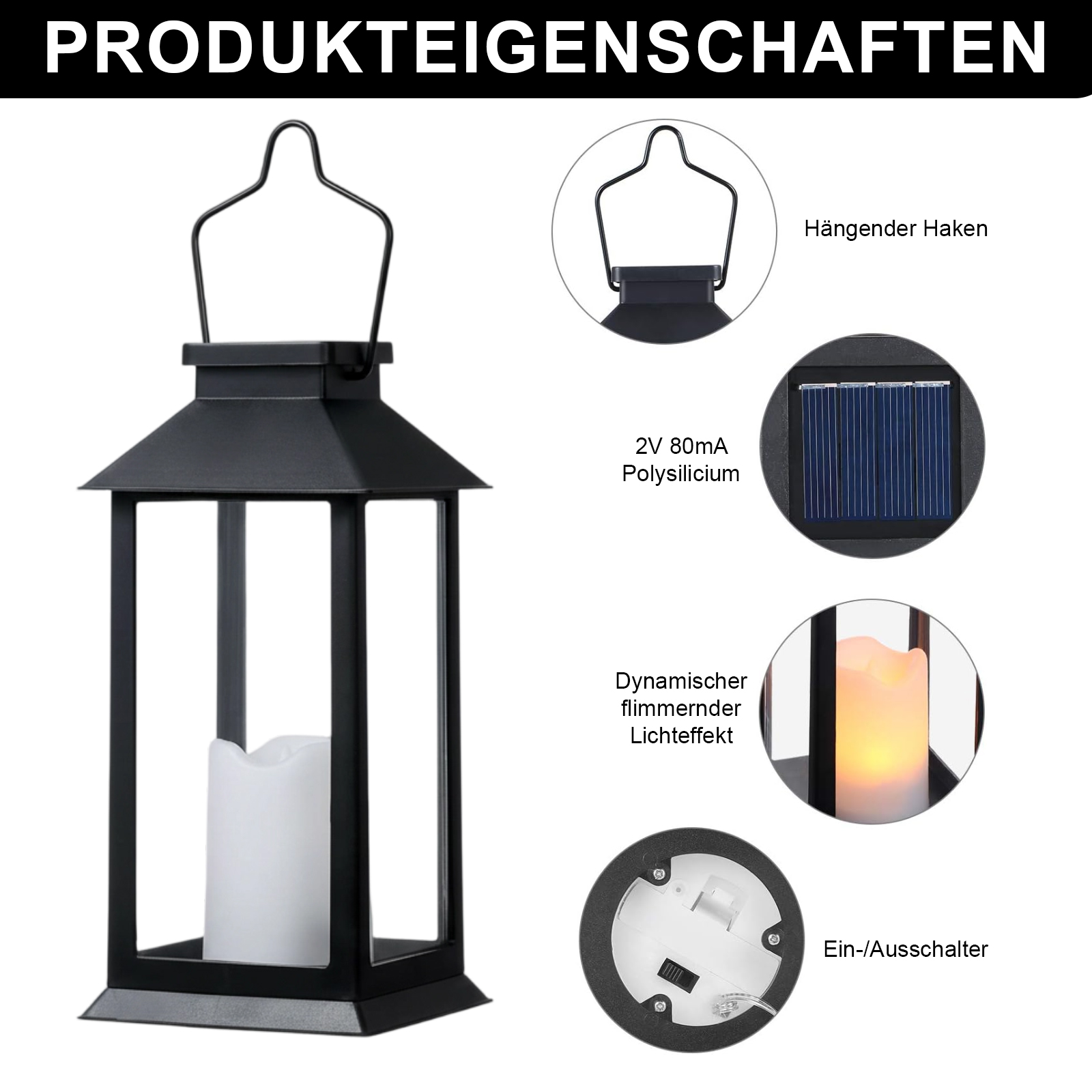 Schwarze Laterne mit Kerze. Merkmale: Aufhängehaken, Solarpanel, flackernder Lichteffekt und Ein-/Ausschalter.