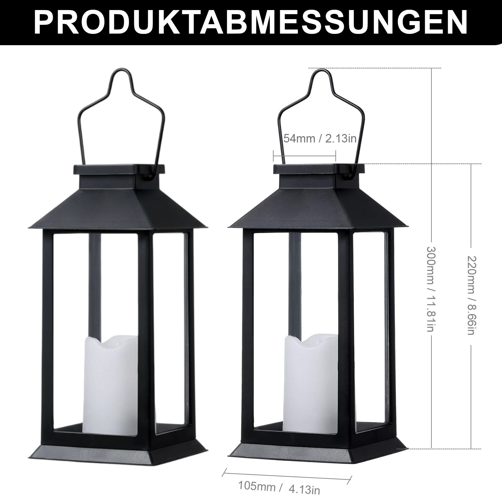 Zwei schwarze Metalllaternen mit weißen Kerzen, Maße in mm und Zoll beschriftet. Text oben: Produktabmessungen.