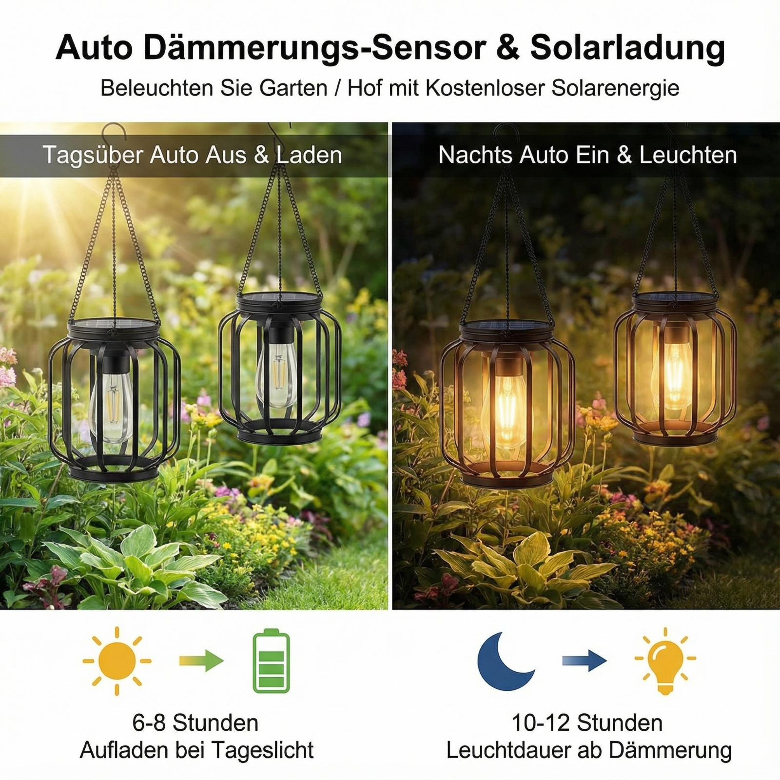 Zwei Solarleuchten hängen im Garten. Eine ist tagsüber aus, die andere leuchtet nachts. Text zeigt Lade- und Leuchtzeiten.