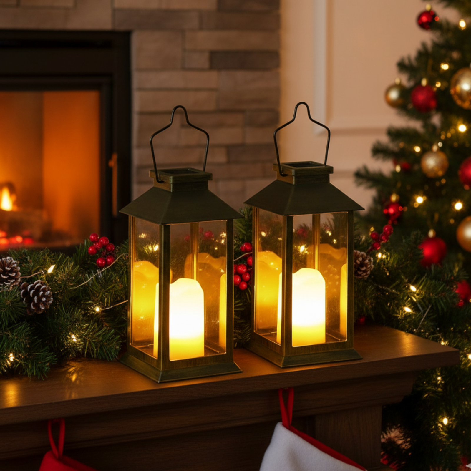 Zwei Kerzenlaternen auf einem Kaminsims mit Girlande, Weihnachtsbaum und Strümpfen. Kamin im Hintergrund.